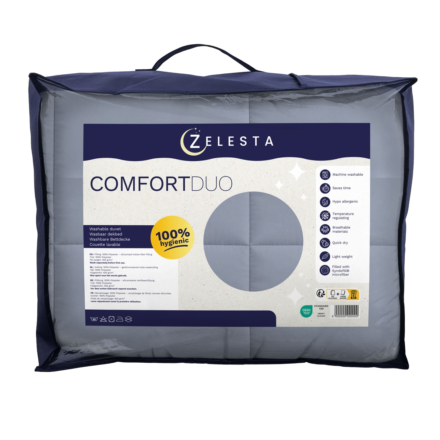 Eine verpackte Zelesta Comfort Bettdecke - Arktisch & Sanftes Blau wird in einer durchsichtigen Plastiktüte mit Griff geliefert, die mit Produktinformationen und einem 100% hygienischen Etikett versehen ist. Ideal als All Season Bettdecke für ganzjährigen Komfort.