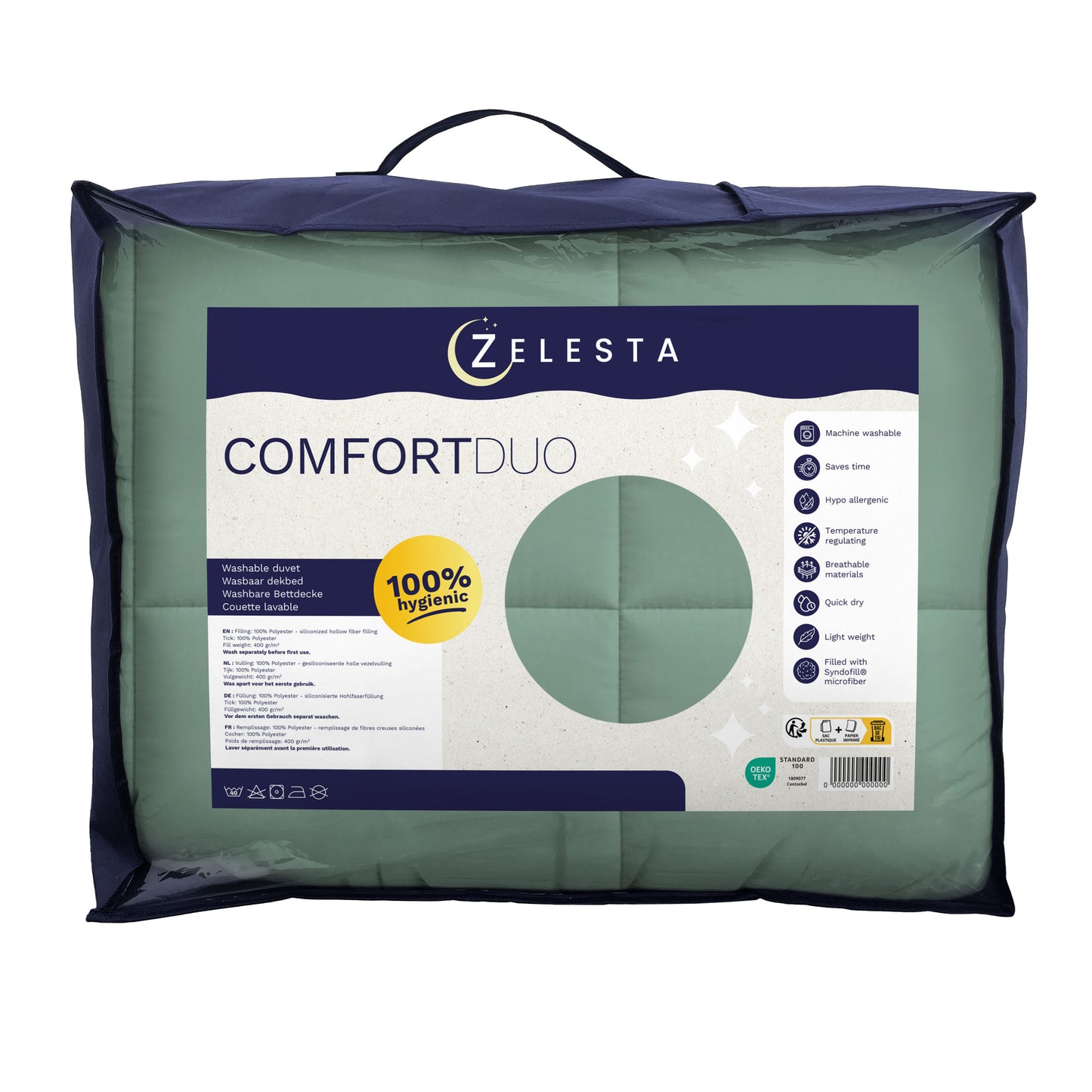 Eine verpackte Zelesta Comfort Duo Bettdecke - Mintgrün & Hellgrün in einer marineblauen und durchsichtigen Plastiktüte, mit Produktangaben und einem gelben 100% hygienischen Etikett auf der Vorderseite.