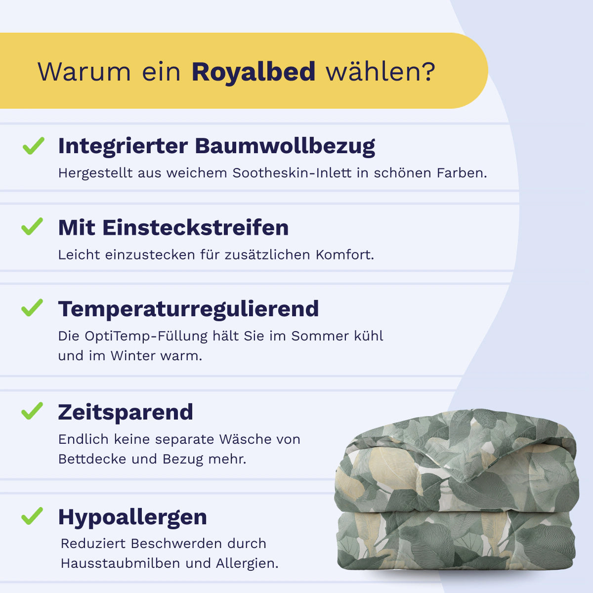 Infografik zu den Vorteilen der Royalbed Baumwolle - Green Forest Bettdecke: Baumwollbezug, Einsteckstreifen, temperaturregulierend, zeitsparend, hypoallergen; rechts unten gefaltetes Bett mit Muster.
