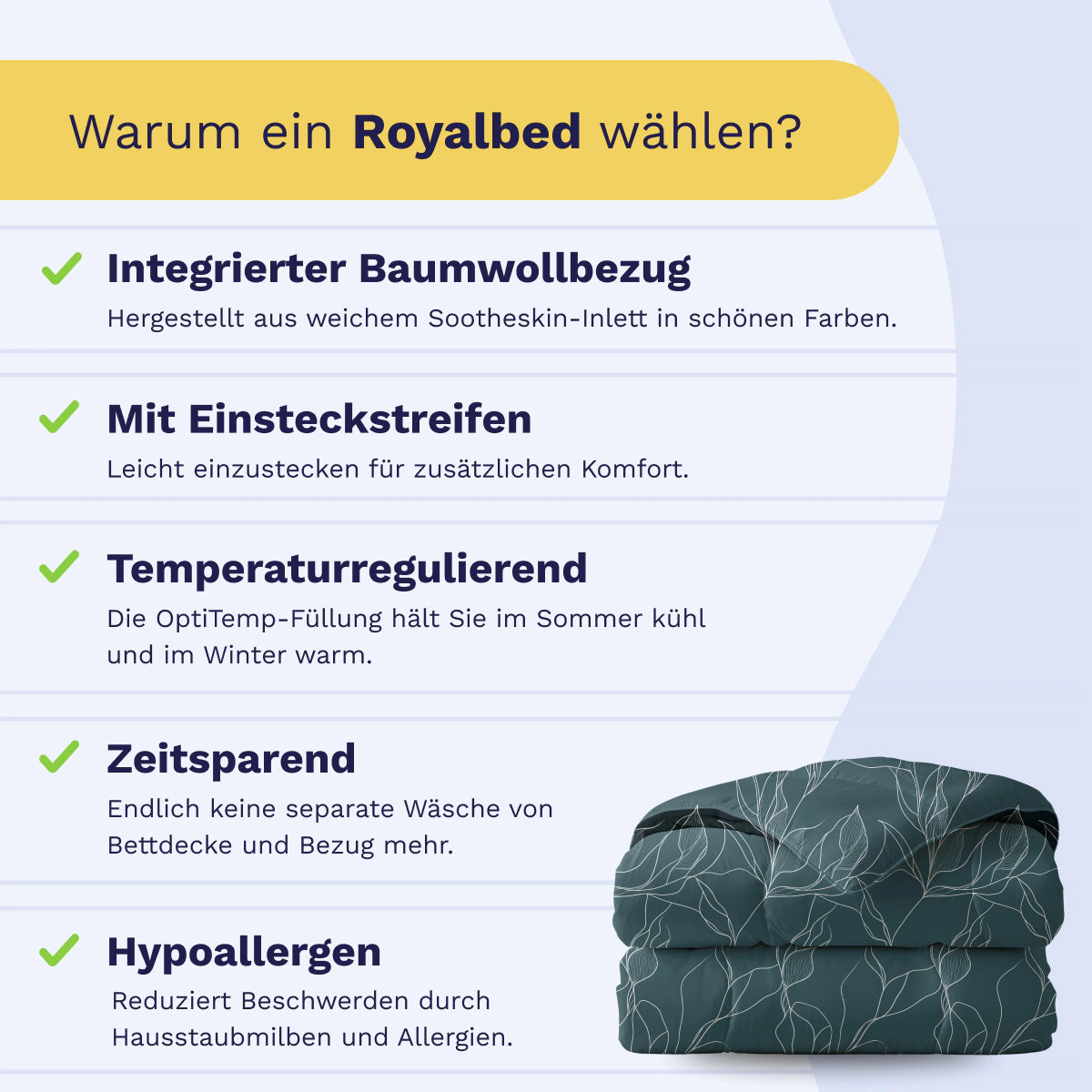 Infografik zu Royalbed Baumwolle - White Leaves Bettdecke: Baumwollbezug, Einlegestreifen, Temperaturregulierung, zeitsparend, hypoallergen - dargestellt mit einem gefalteten grünen Bettwäscheset.