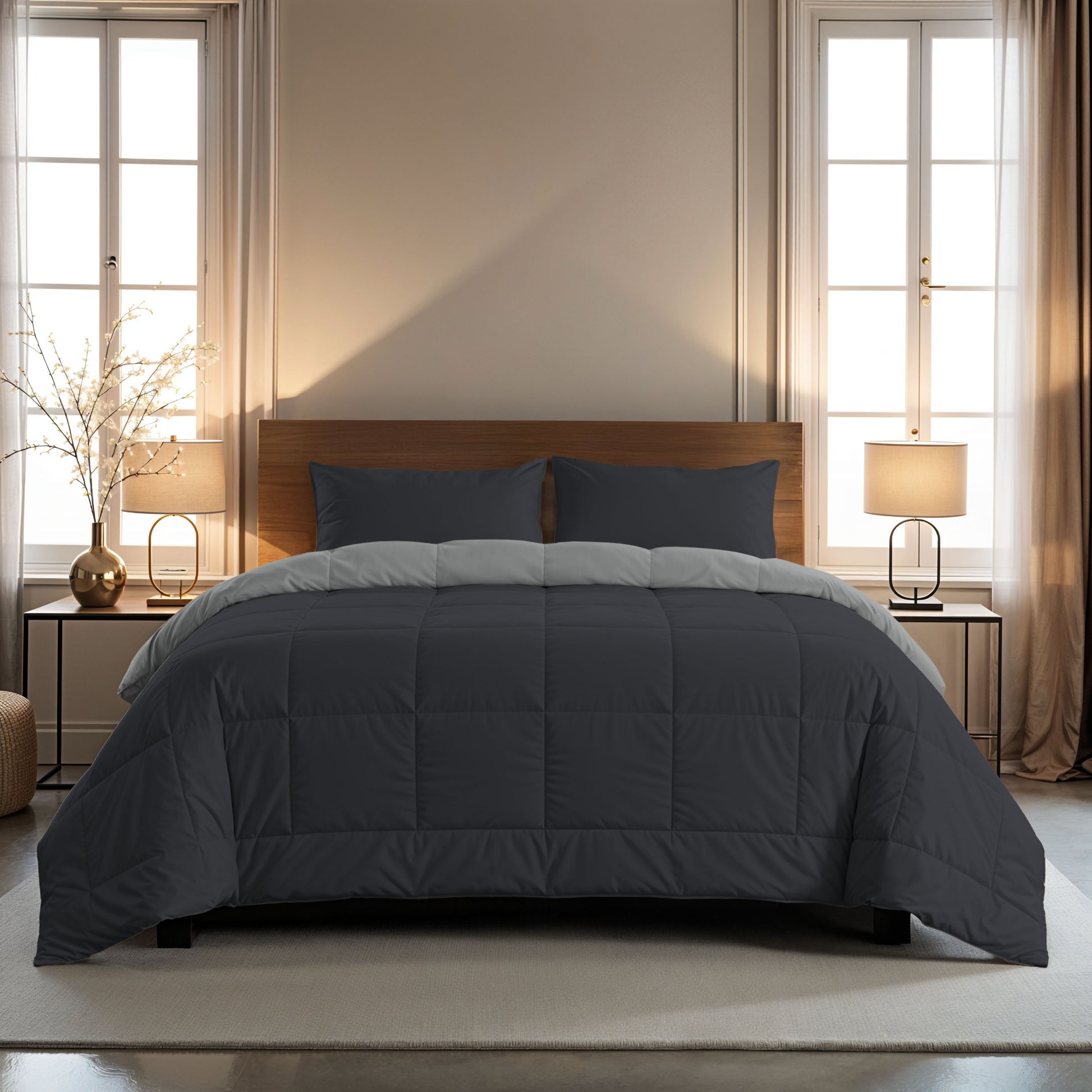 Ein ordentlich gemachtes Bett mit einer Zelesta Comfort Duo Bettdecke in sanftes Schwarz & Silbergrau und passenden Kissen, in der Mitte zwischen zwei Fenstern mit beigen Vorhängen, flankiert von Nachttischen mit Lampen.