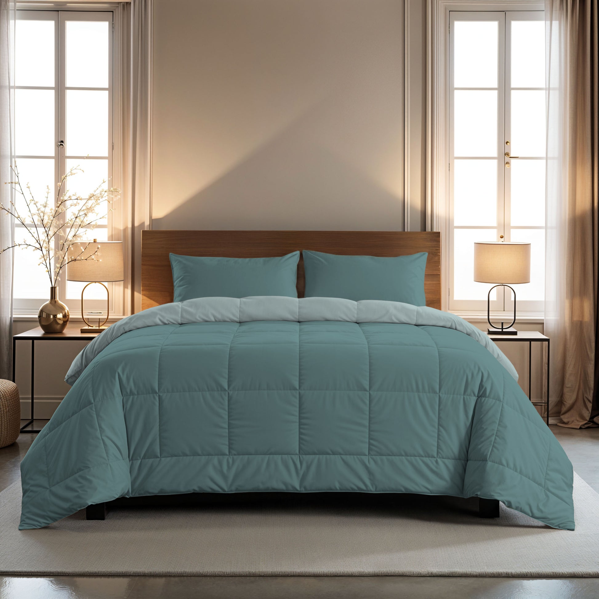 Ein ordentlich gemachtes Bett mit einer Zelesta Comfort Duo Bettdecke in Mineral & Hellblau und Kopfkissen, zwischen zwei Fenstern mit weißen Vorhängen, flankiert von Beistelltischen und passenden Lampen.