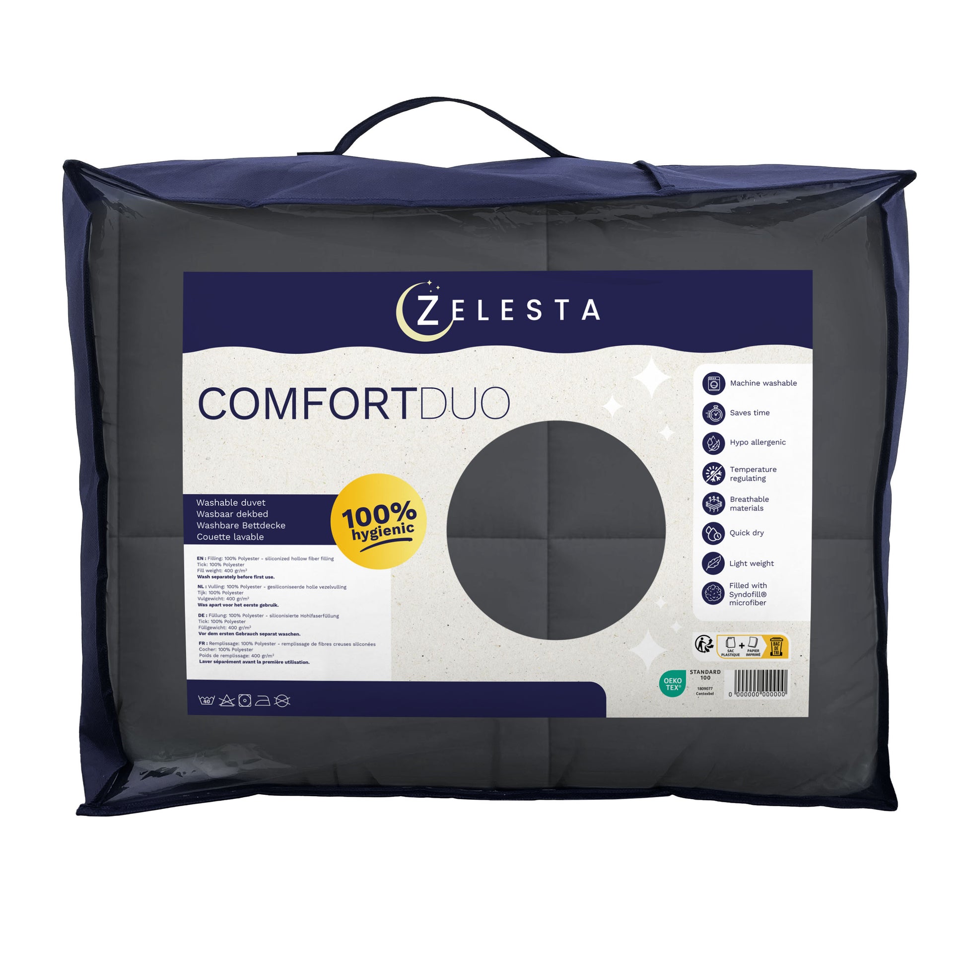 Eine verpackte Zelesta Comfort Duo Bettdecke - Sanftes Schwarz & Silbergrau in einem durchsichtigen Beutel mit Tragegriff, der Produktdetails und ein 100% hygienisches Etikett enthält. Perfekt als All Season Bettdecke für ganzjährigen Komfort.