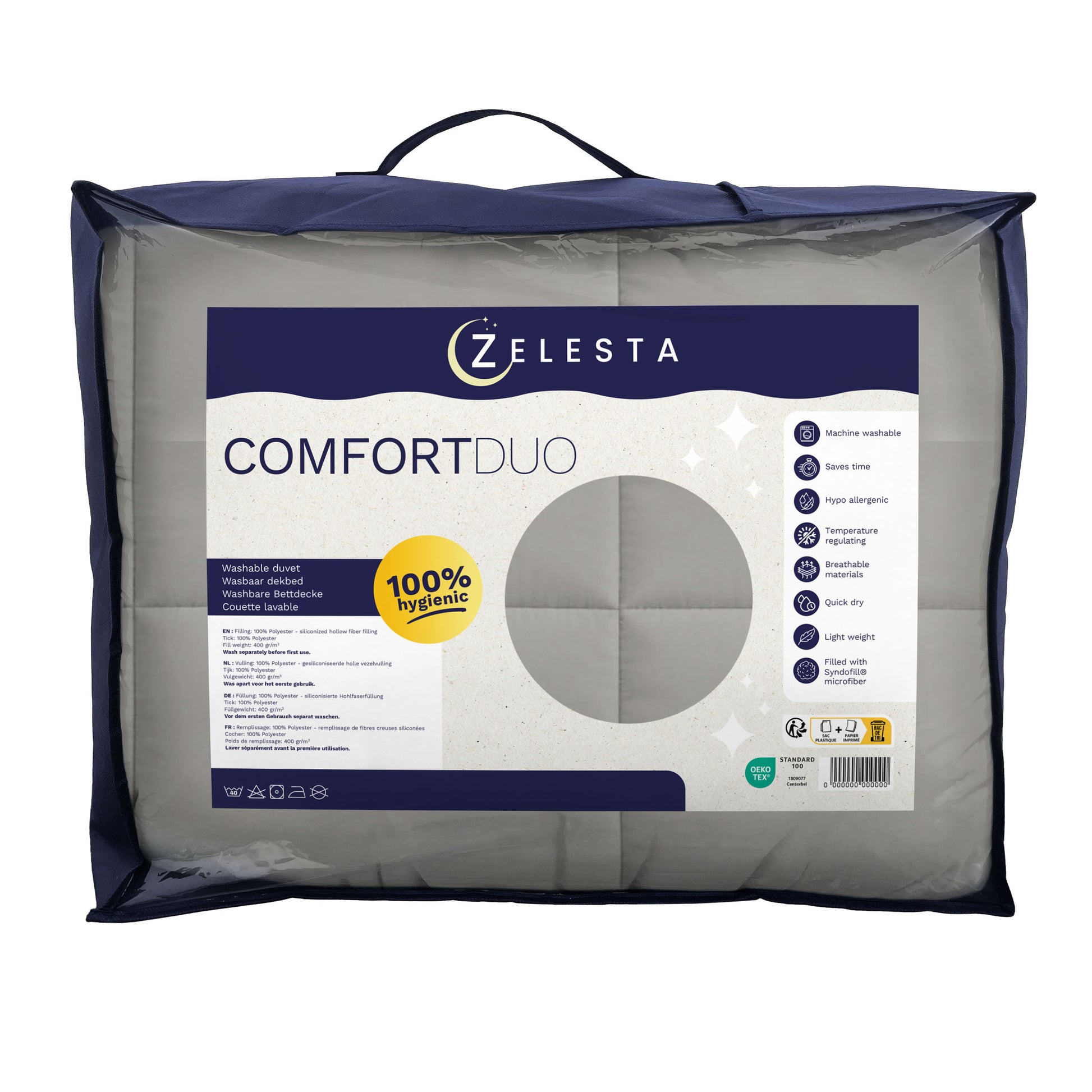 Eine verpackte Zelesta Comfort Duo Bettdecke - Grau & Sanftes Grau ist mit 100% hygienischen Informationen, Pflegesymbolen und einem transparenten Fenster ausgestattet, das die gefaltete graue Bettdecke im Inneren zeigt - ideal als Ganzjahresbettdecke.