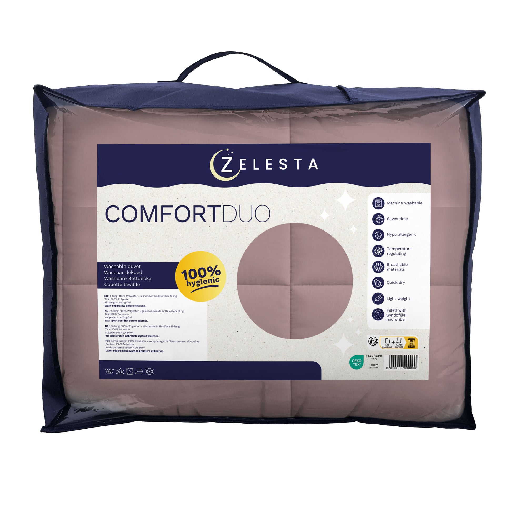 Eine verpackte Zelesta Comfort Duo Bettdecke - Rosa & Hellrosa in einer Tragetasche mit Reißverschluss, mit Produktangaben und einem 100% hygienischen Etikett auf der Vorderseite.