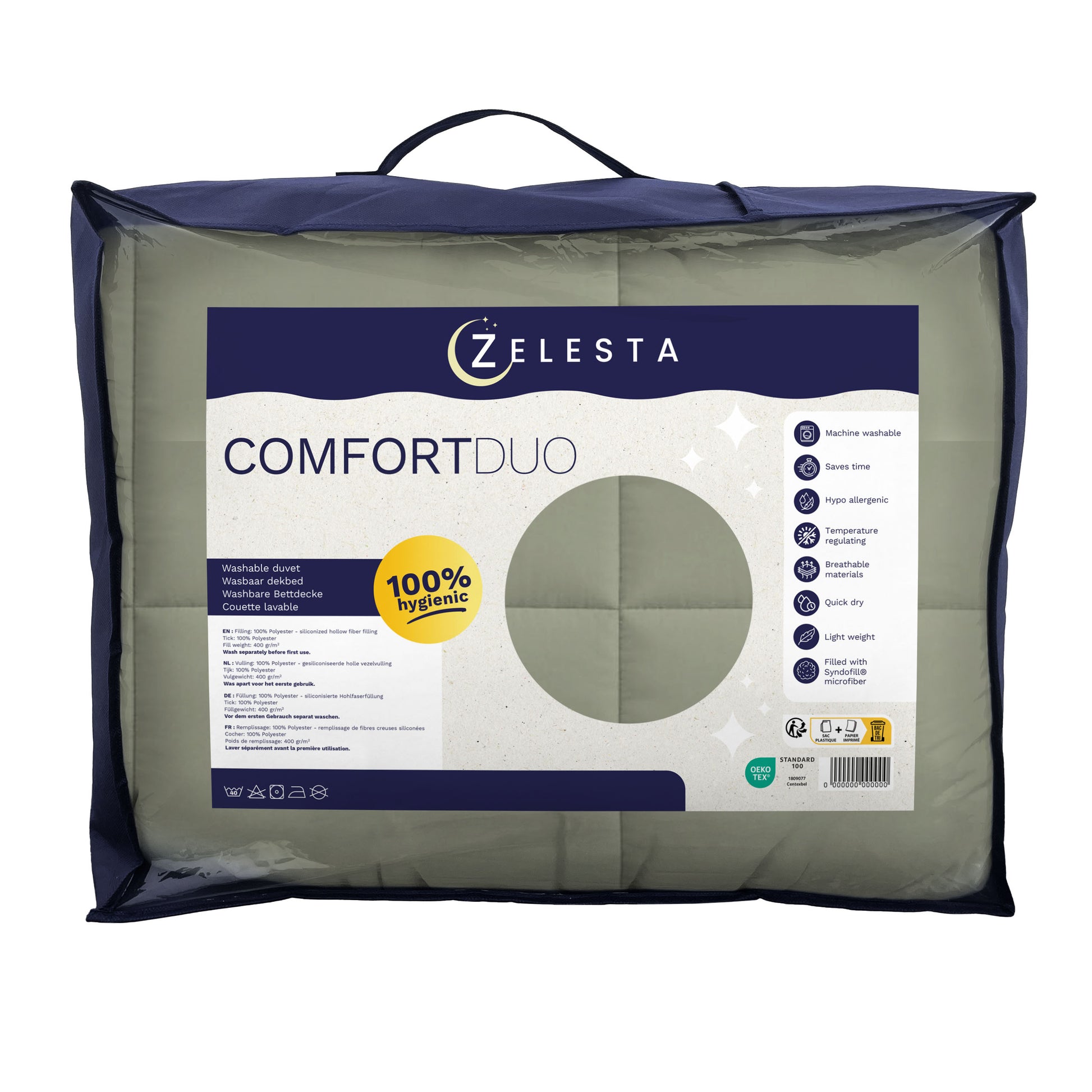 Eine verpackte Zelesta Comfort Duo Bettdecke - Olivgrün & Creme, die als 100% hygienisch gekennzeichnet ist und auf deren Vorderseite Produkteigenschaften und Pflegehinweise angegeben sind.