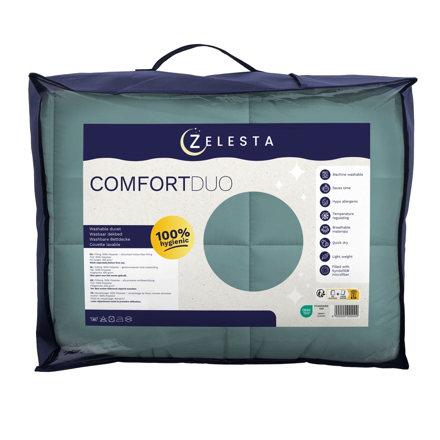 Eine Zelesta Comfort Duo Bettdecke - Mineral & Hellblau, verpackt in einem waschbaren Design und mit Produktangaben und -merkmalen auf dem Frontetikett.