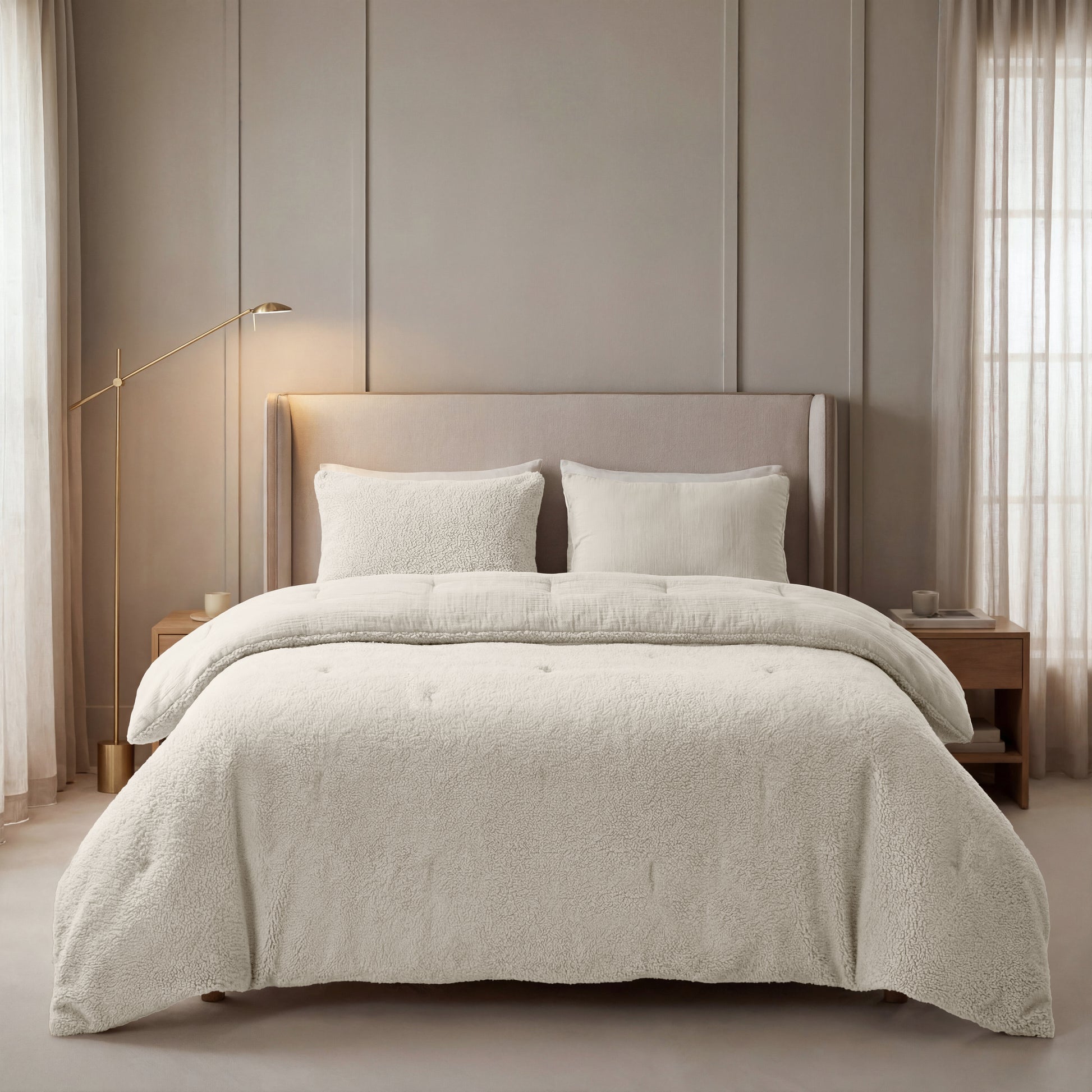 Ein ordentlich gemachtes Bett mit dem Zelesta Teddy Baumwolle Musselin - Beige und zwei Kissen, flankiert von hölzernen Nachttischen und einer Stehlampe, in einem minimalistischen, sanft beleuchteten Schlafzimmer.