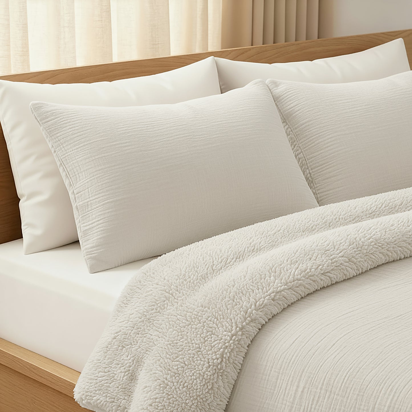 Ein ordentlich gemachtes Bett mit weißen, strukturierten Kissen, einer passenden Musselin-Baumwolle-Bettdecke und der weichen Zelesta Teddy Baumwolle Musselin - Beige Bettdecke in einem sonnendurchfluteten Raum mit hellen Vorhängen.