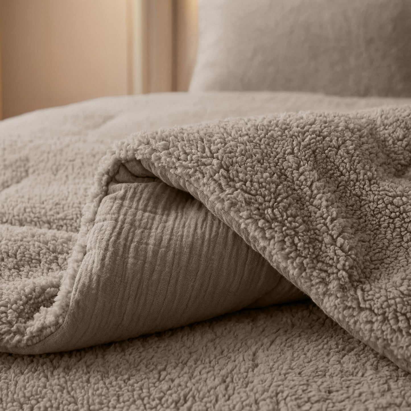 Nahaufnahme eines Bettes mit dem Zelesta Teddy Baumwolle Musselin - Taupe. Die weiche, strukturierte taupefarbene Oberfläche ist teilweise zurückgeklappt und gibt den Blick auf den flauschigen Teddy-Stoff und die gesteppten Seiten aus Musselin-Baumwolle frei.