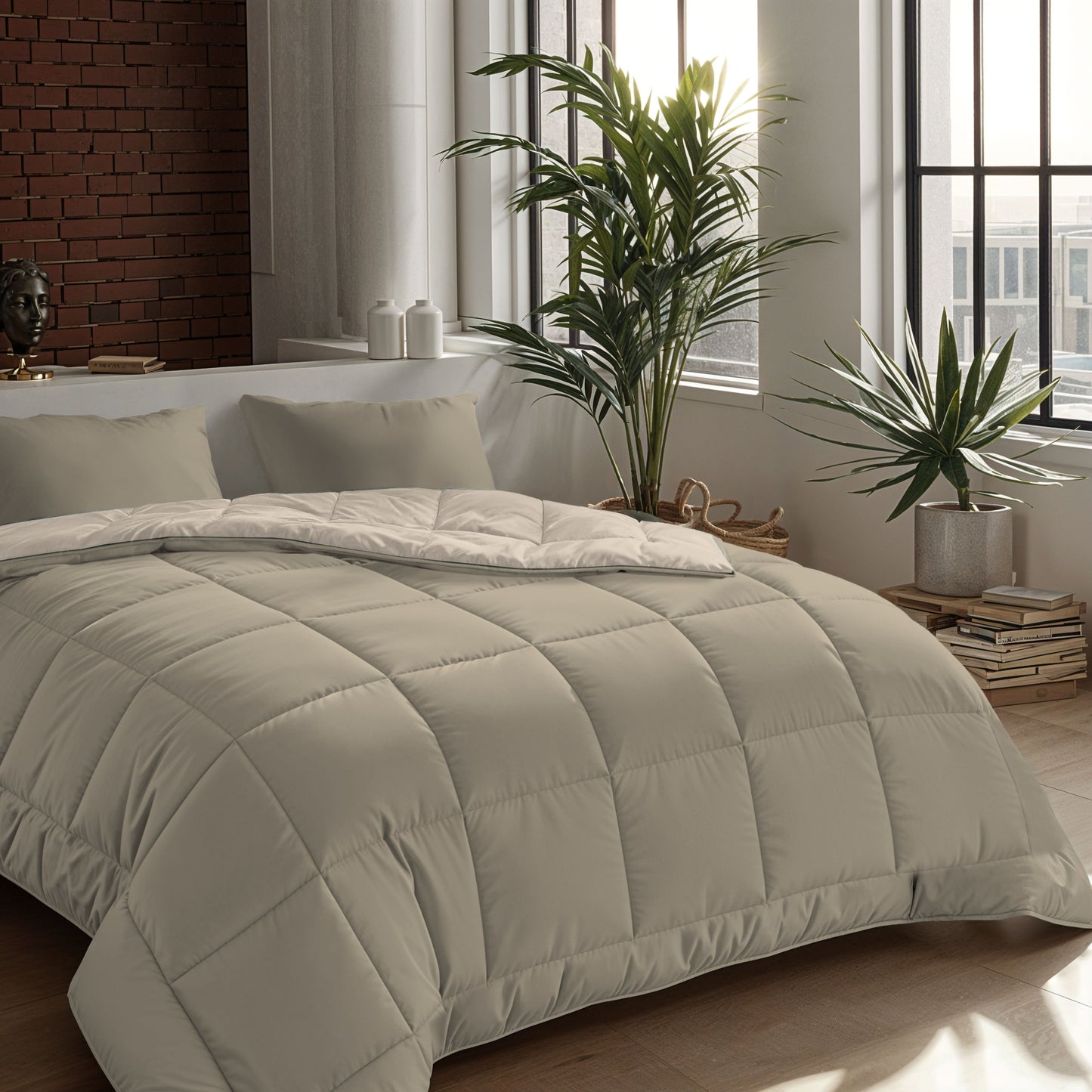 Ein ordentlich gemachtes Bett mit einer hellgrauen Bettdecke und 80x80cm Zelesta Comfort Duo Kissenbezügen in Taupe, in einem modernen Schlafzimmer mit großen Fenstern, Zimmerpflanzen und einer Akzentwand aus Ziegelstein.