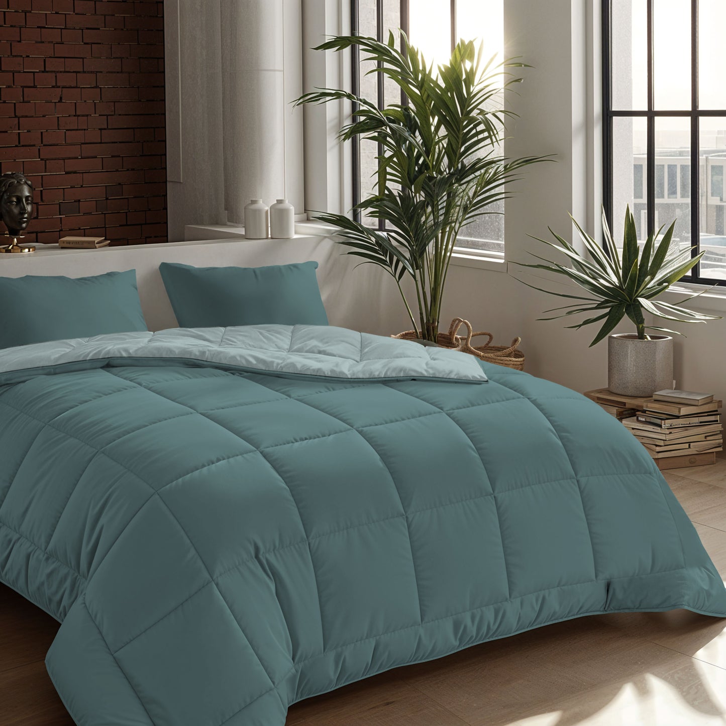 Ein ordentlich gemachtes Bett mit einer Zelesta Comfort Duo Bettdecke in Mineral & Hellblau und zwei Kissen in einem modernen Schlafzimmer mit großen Fenstern, Topfpflanzen und einem Stapel Bücher auf dem Boden.