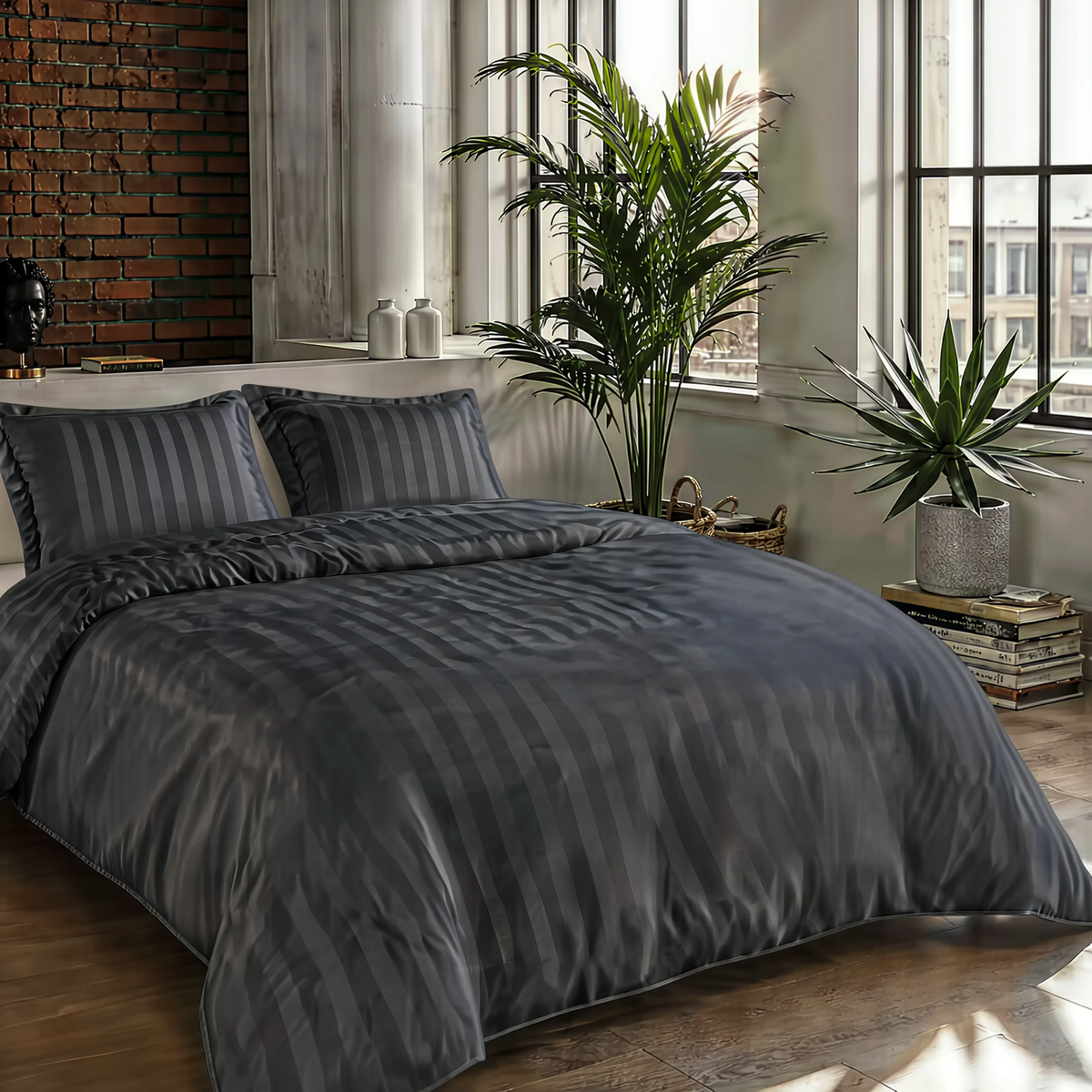 Zelesta Deluxe Hotel Stripe Baumwollsatin Bettdecke - Anthrazit