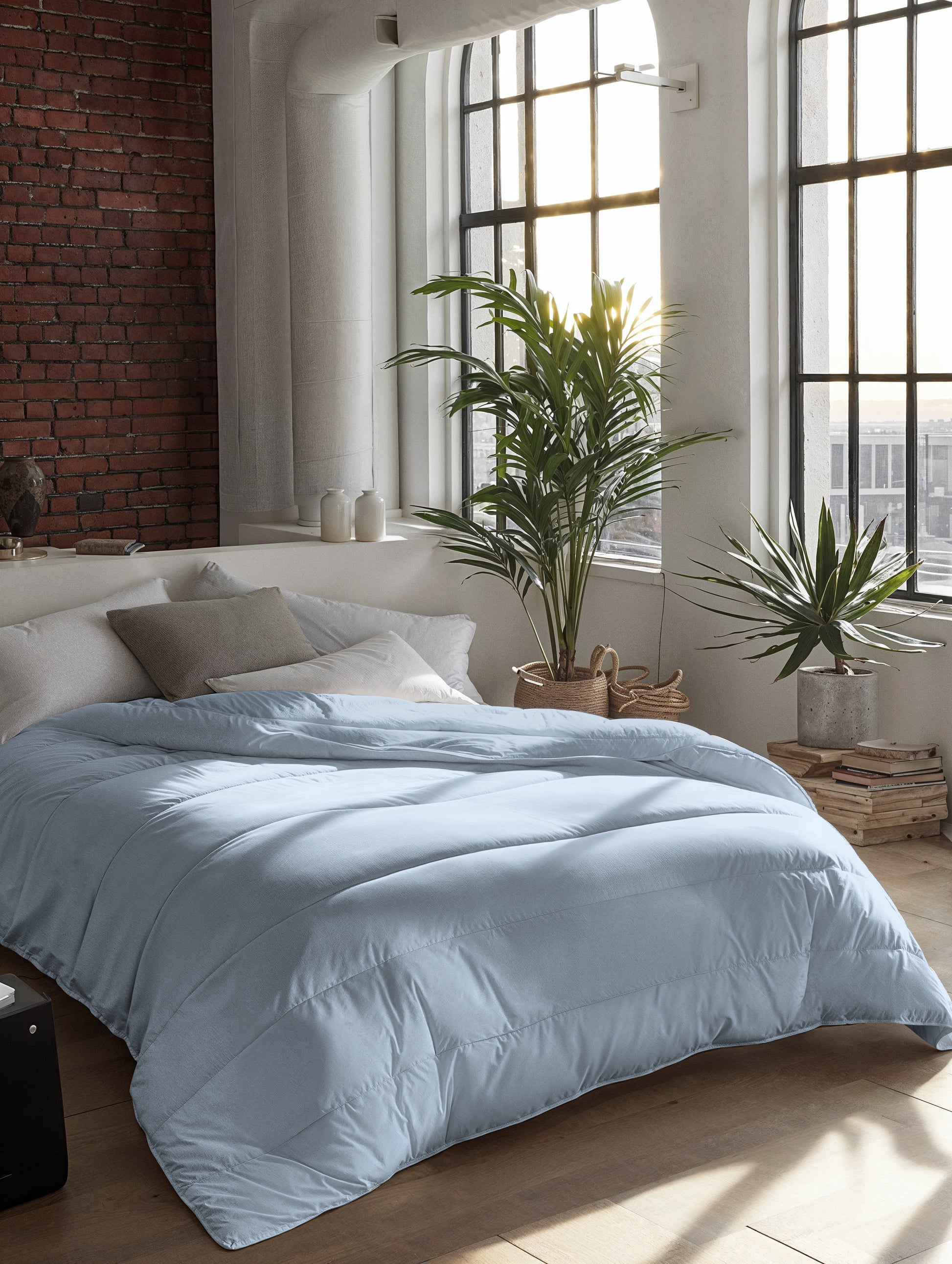 Ein ordentlich gemachtes Bett mit einer hellblauen Zelesta Everyday Uni Bettdecke - Hellblau in einem hellen Schlafzimmer mit großen Bogenfenstern, Topfpflanzen und freigelegten Backsteinwänden.