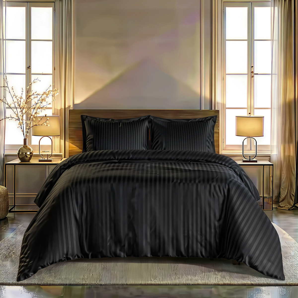Zelesta Deluxe Hotel Stripe Baumwollsatin Bettdecke - Schwarz