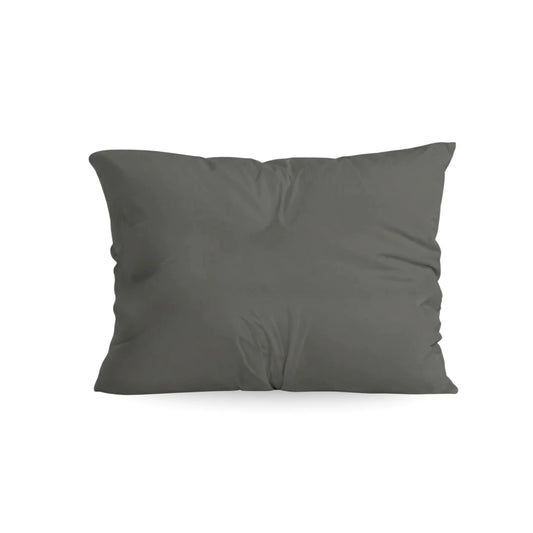 Das Zelesta Comfort Uni Kissenbezüge Set von 2 in Anthrazit besteht aus unifarbenen, quadratischen Mikrofaser-Kissenbezügen (80x80cm) mit leichten Falten auf weißem Hintergrund.