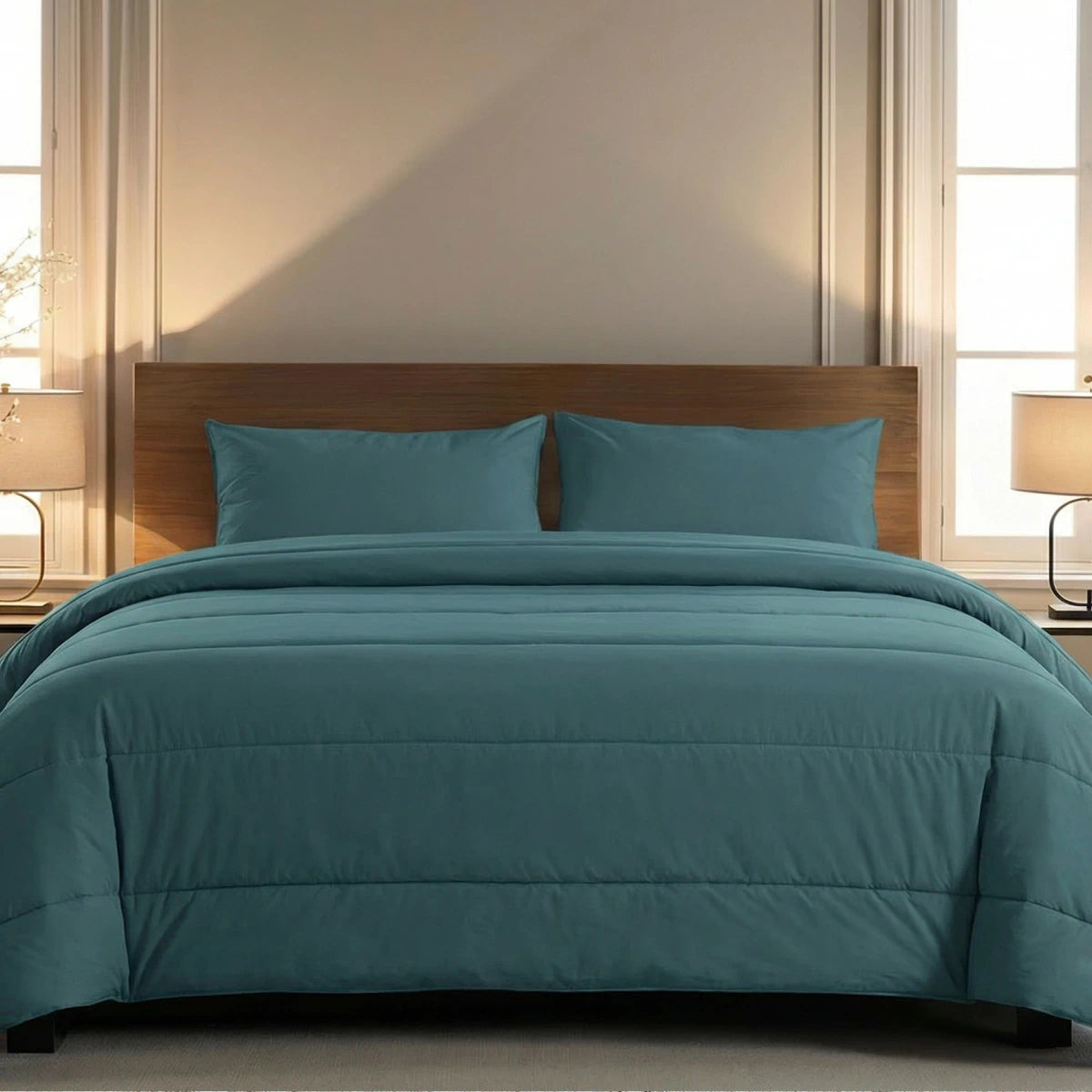 Ein ordentlich gemachtes Bett mit Zelesta Comfort Uni Kissenbezügen Set von 2 in Seegrün (80x80cm), einem Kopfteil aus Holz und zwei Nachttischen mit Lampen, in einem Raum mit hellen Wänden und großen Fenstern.