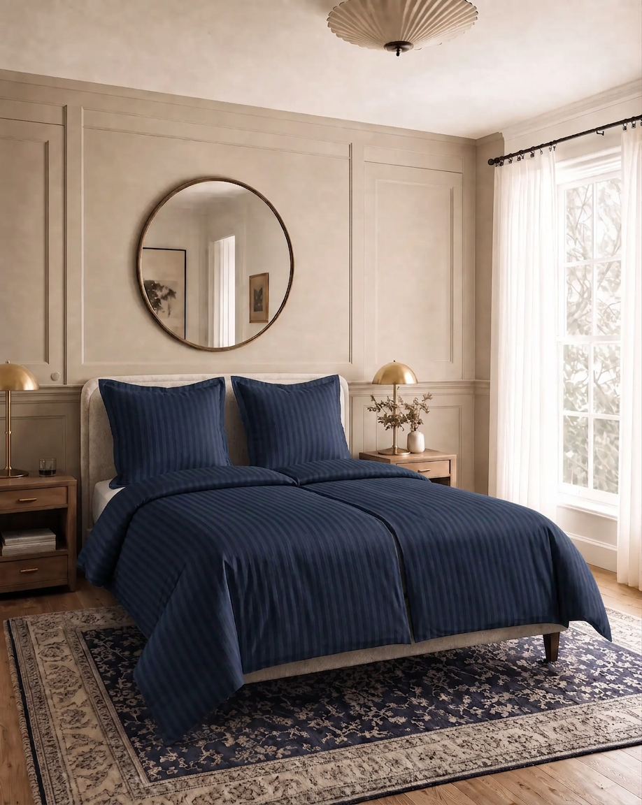 Zelesta Deluxe Hotel Stripe Nahtlose Baumwollsatin Bettdecke - Blau