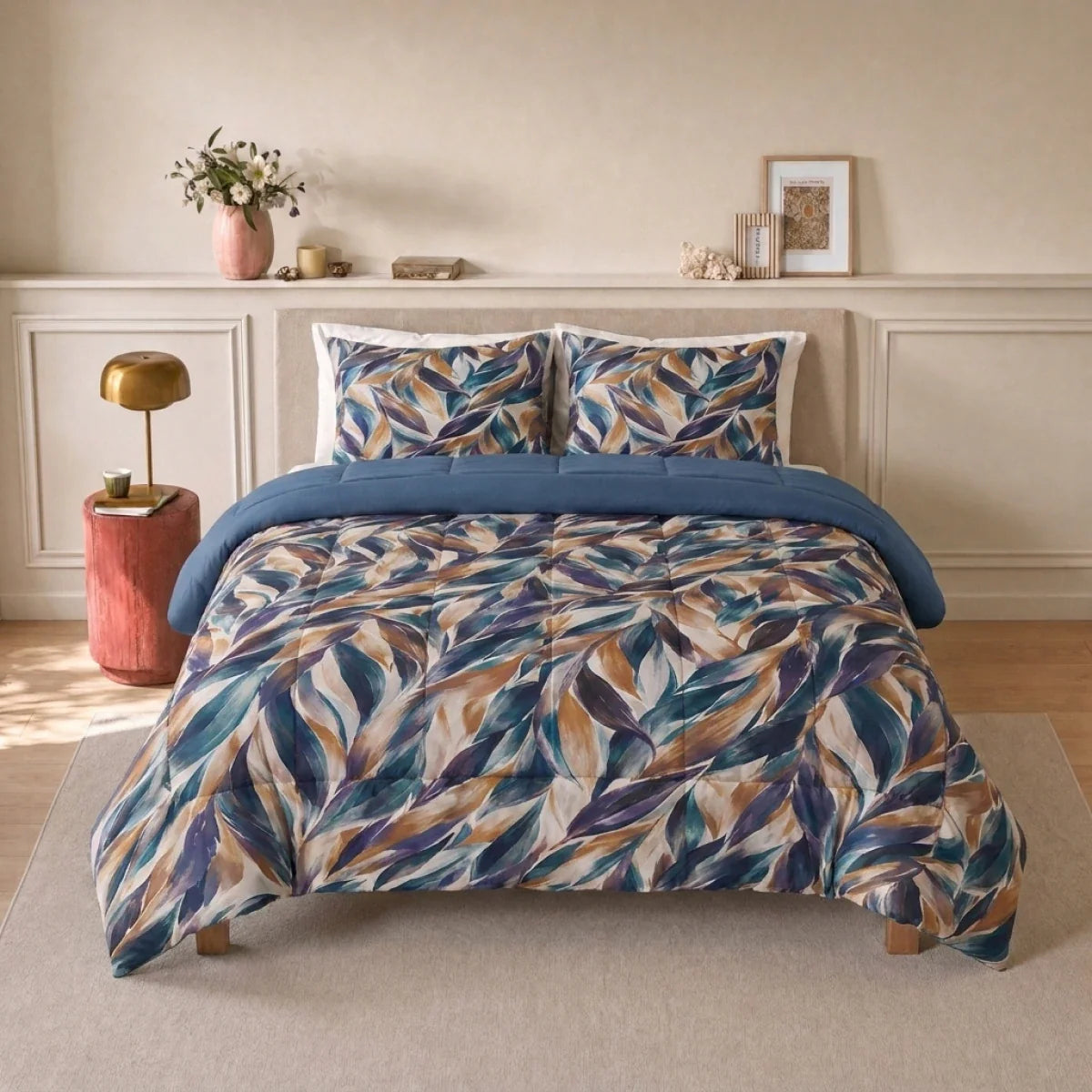 Zelesta Deluxe Design Baumwollsatin Bettdecke - Blue Multicolor Leaves