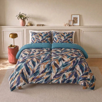 Zelesta Deluxe Design Baumwollsatin Bettdecke - Blue Multicolor Leaves