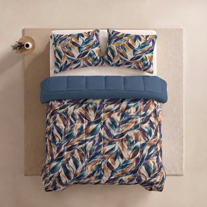 Zelesta Deluxe Design Baumwollsatin Bettdecke - Blue Multicolor Leaves