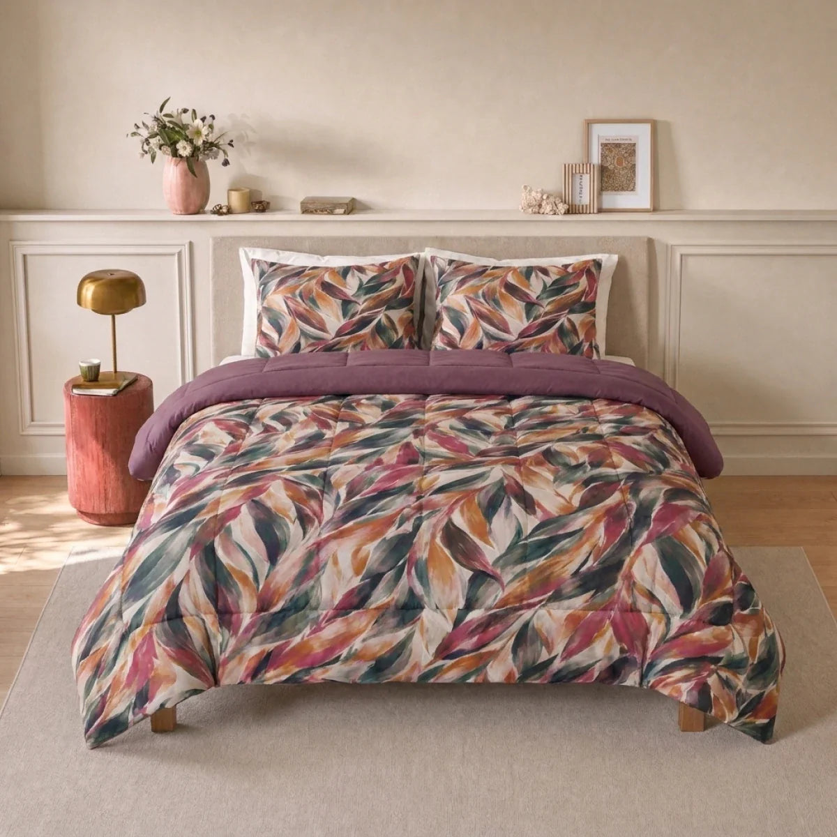 Zelesta Deluxe Design Baumwollsatin Bettdecke - Pink Multicolor Leaves