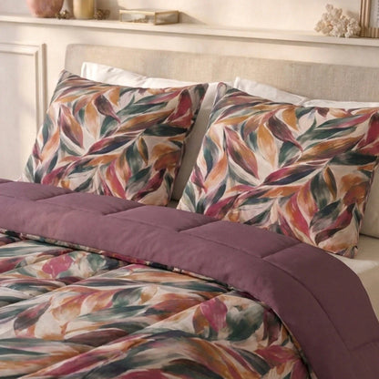 Zelesta Deluxe Design Baumwollsatin Bettdecke - Pink Multicolor Leaves