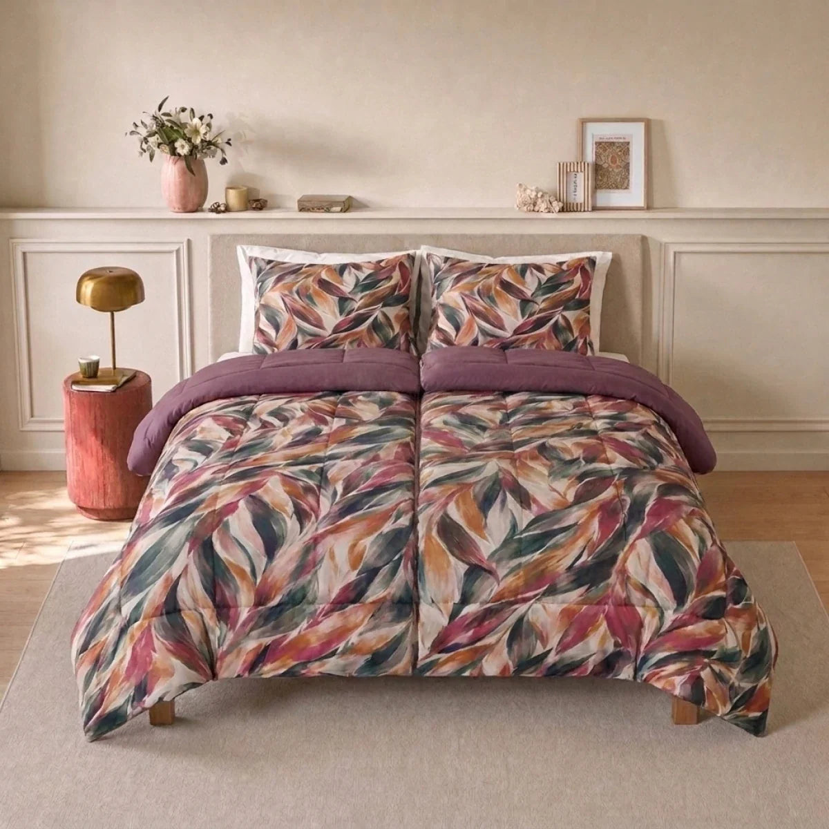Zelesta Deluxe Design Baumwollsatin Bettdecke - Pink Multicolor Leaves