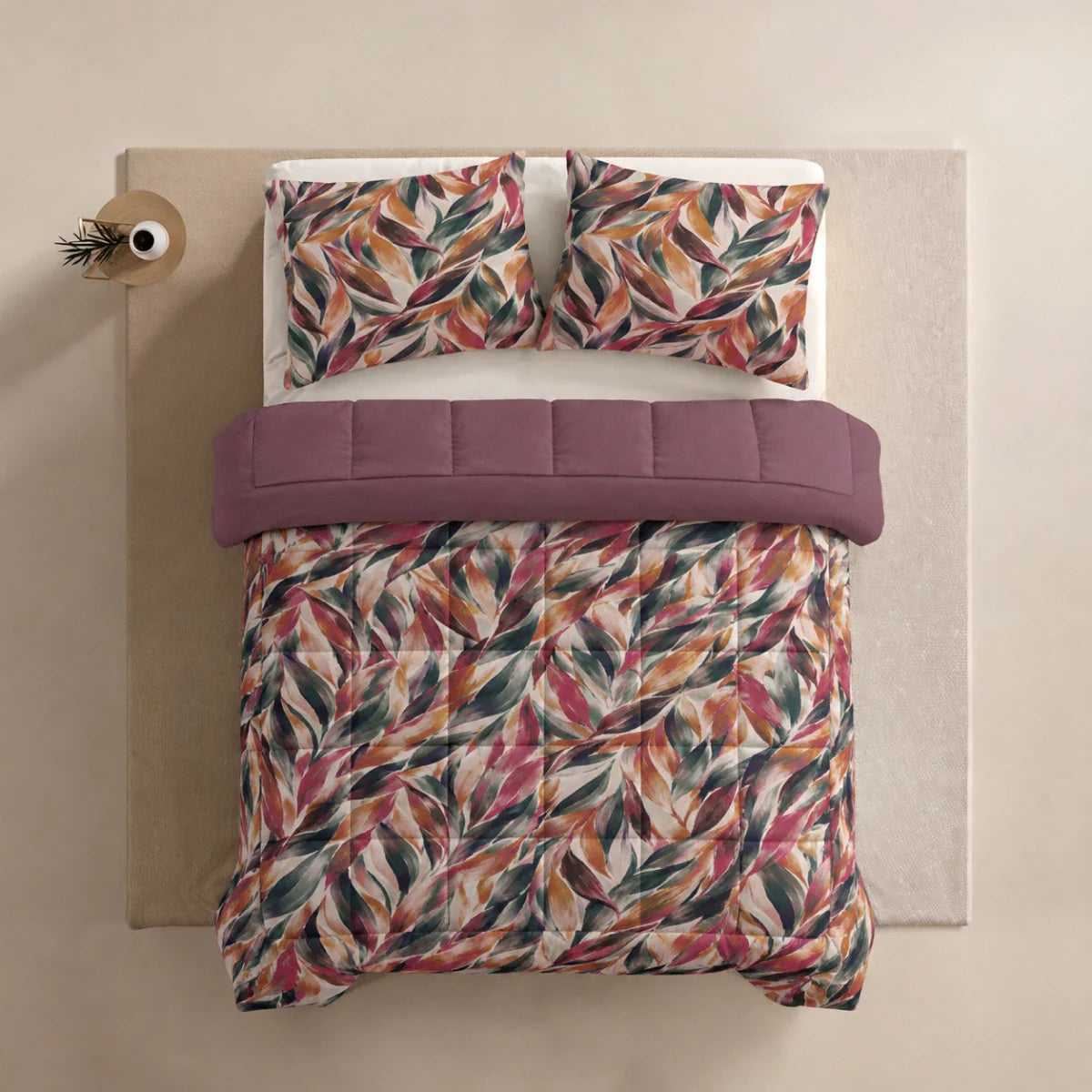 Zelesta Deluxe Design Baumwollsatin Bettdecke - Pink Multicolor Leaves
