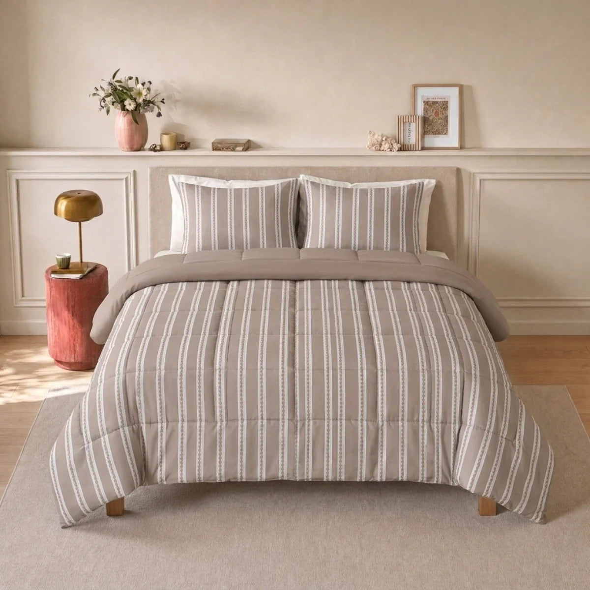 Zelesta Deluxe Design Baumwollsatin Bettdecke - Taupe Stripes