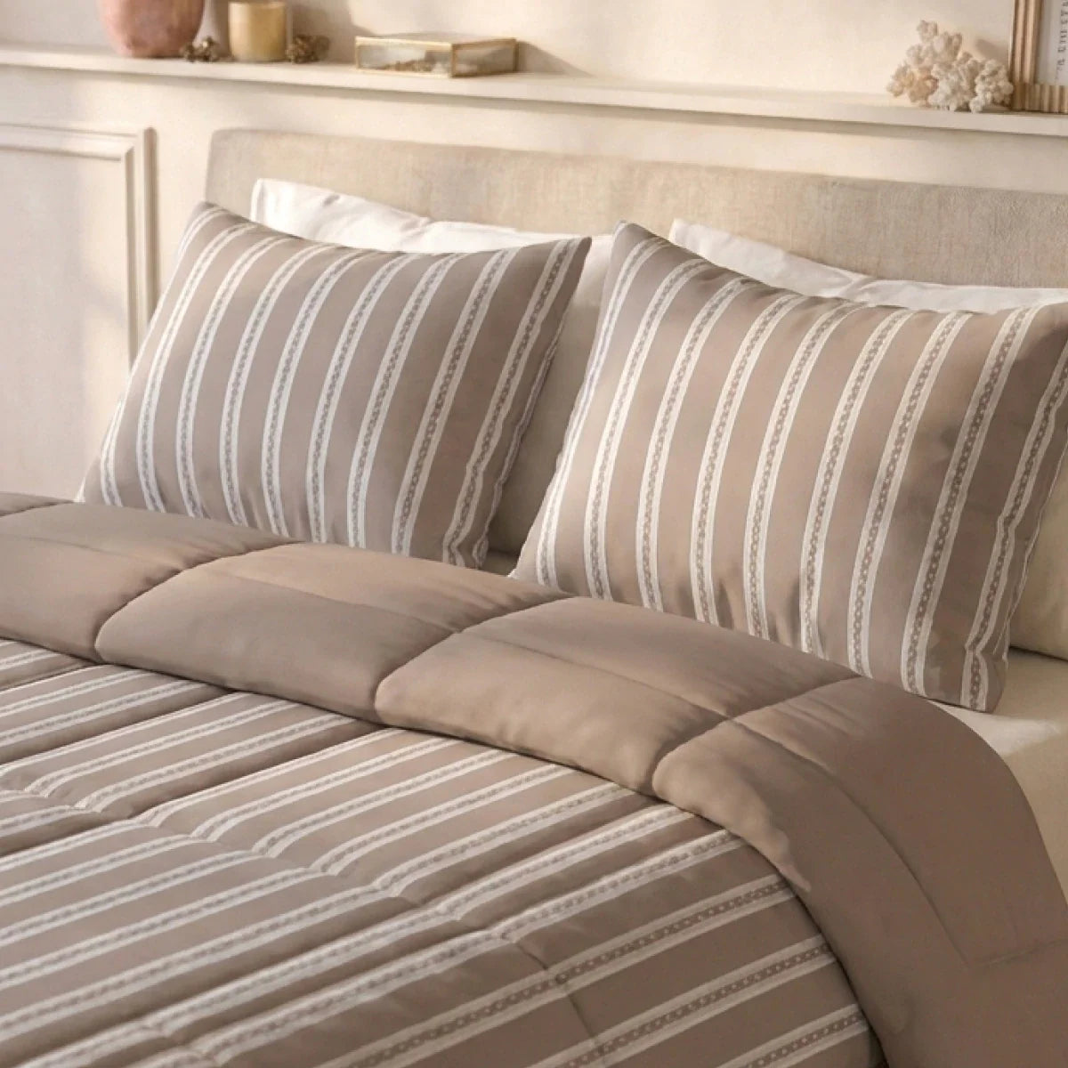 Zelesta Deluxe Design Baumwollsatin Bettdecke - Taupe Stripes