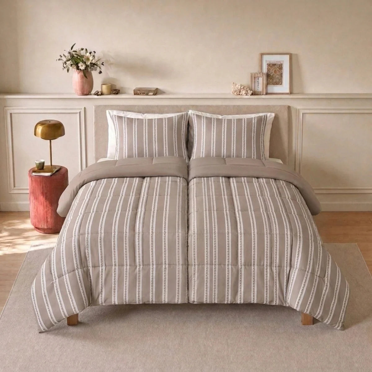 Zelesta Deluxe Design Baumwollsatin Bettdecke - Taupe Stripes