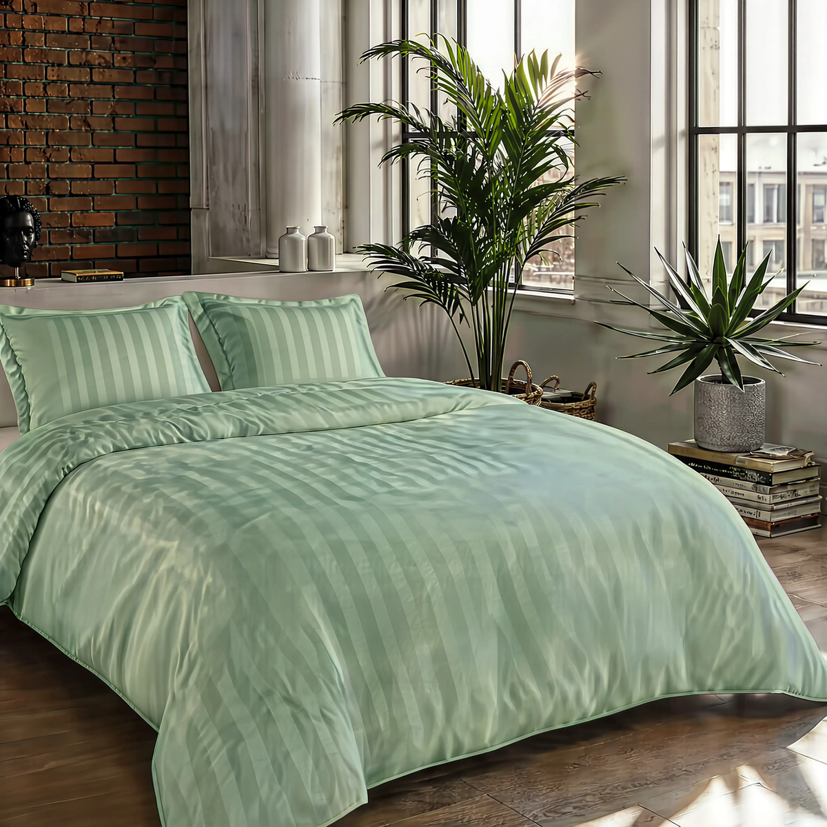 Zelesta Deluxe Hotel Stripe Baumwollsatin Bettdecke - Grün