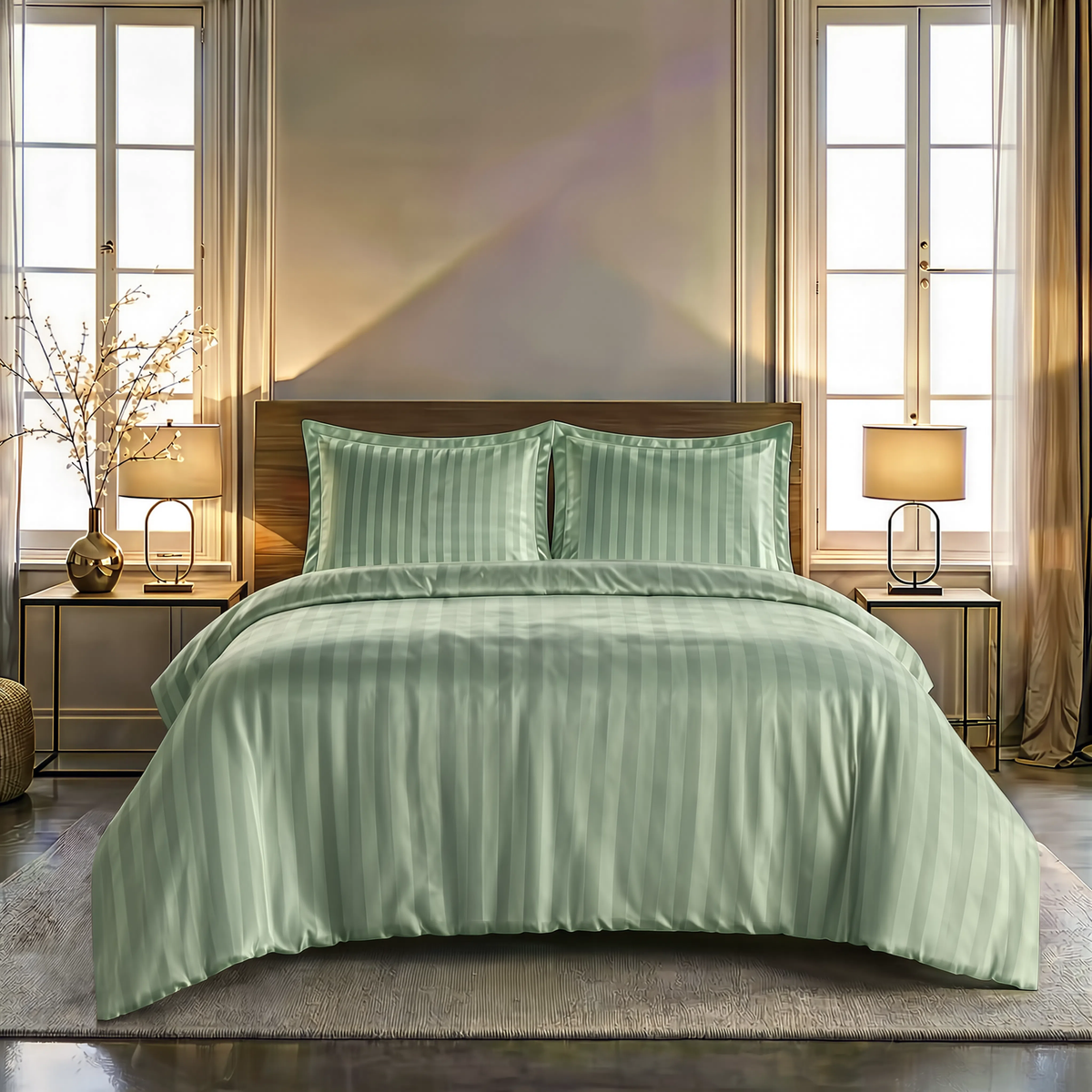 Zelesta Deluxe Hotel Stripe Baumwollsatin Bettdecke - Grün