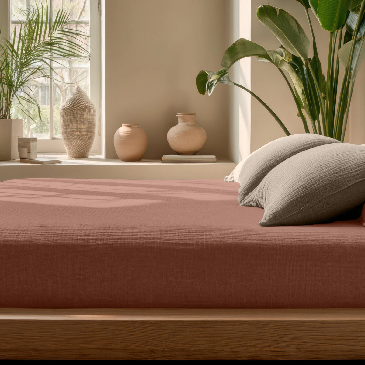 Ein ordentlich gemachtes Bett mit dem Musselin Spannbettlaken - Dusty-Rose und grauen Kissen an einem Fenster, umgeben von Grünpflanzen und Keramikvasen auf einer beigen Fensterbank.