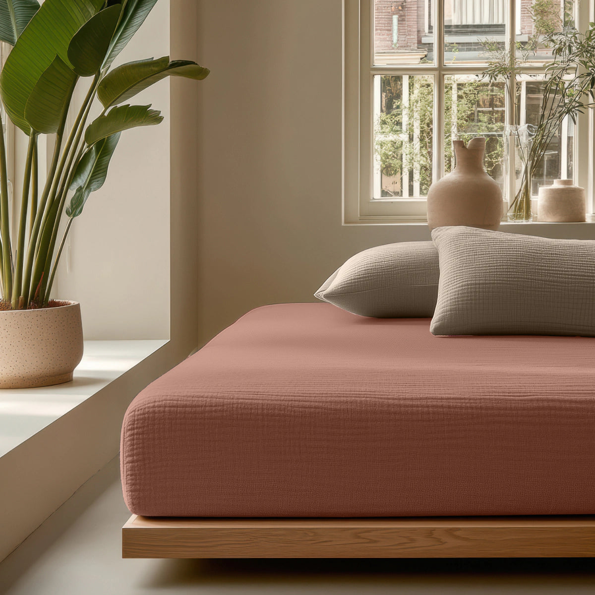 Minimalistisches Schlafzimmer mit einem niedrigen Holzbett in einem weichen Musselin-Spannbettlaken - Dusty-Rose, grauen Kissen, einer Topfpflanze und Keramikvasen am sonnendurchfluteten Fenster für einen heiteren Touch.