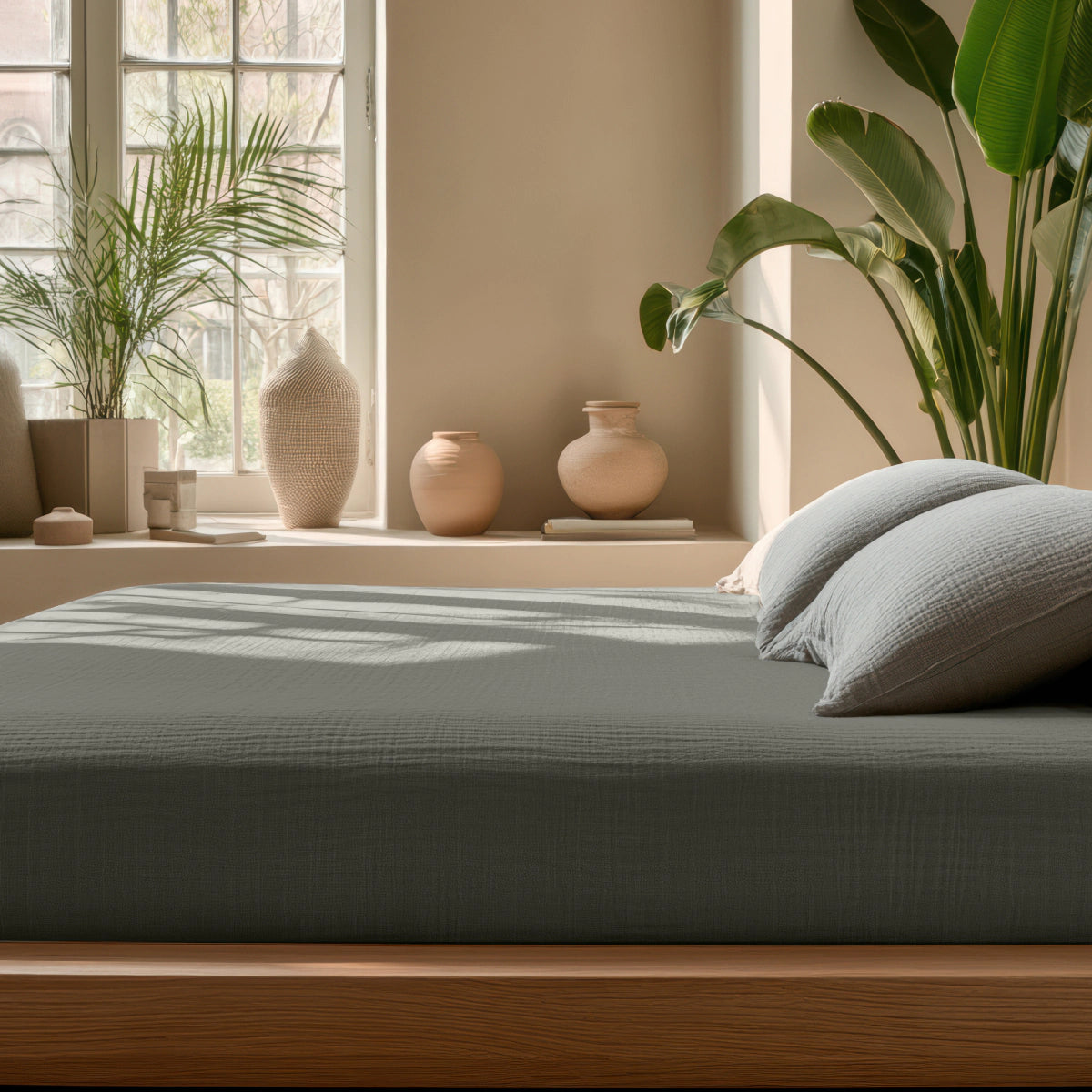 Ein ordentlich gemachtes Bett mit graugrünen Musselin-Spannbettlaken steht am Fenster; Keramikvasen und Grünpflanzen schmücken den sonnendurchfluteten, neutral getönten Raum.