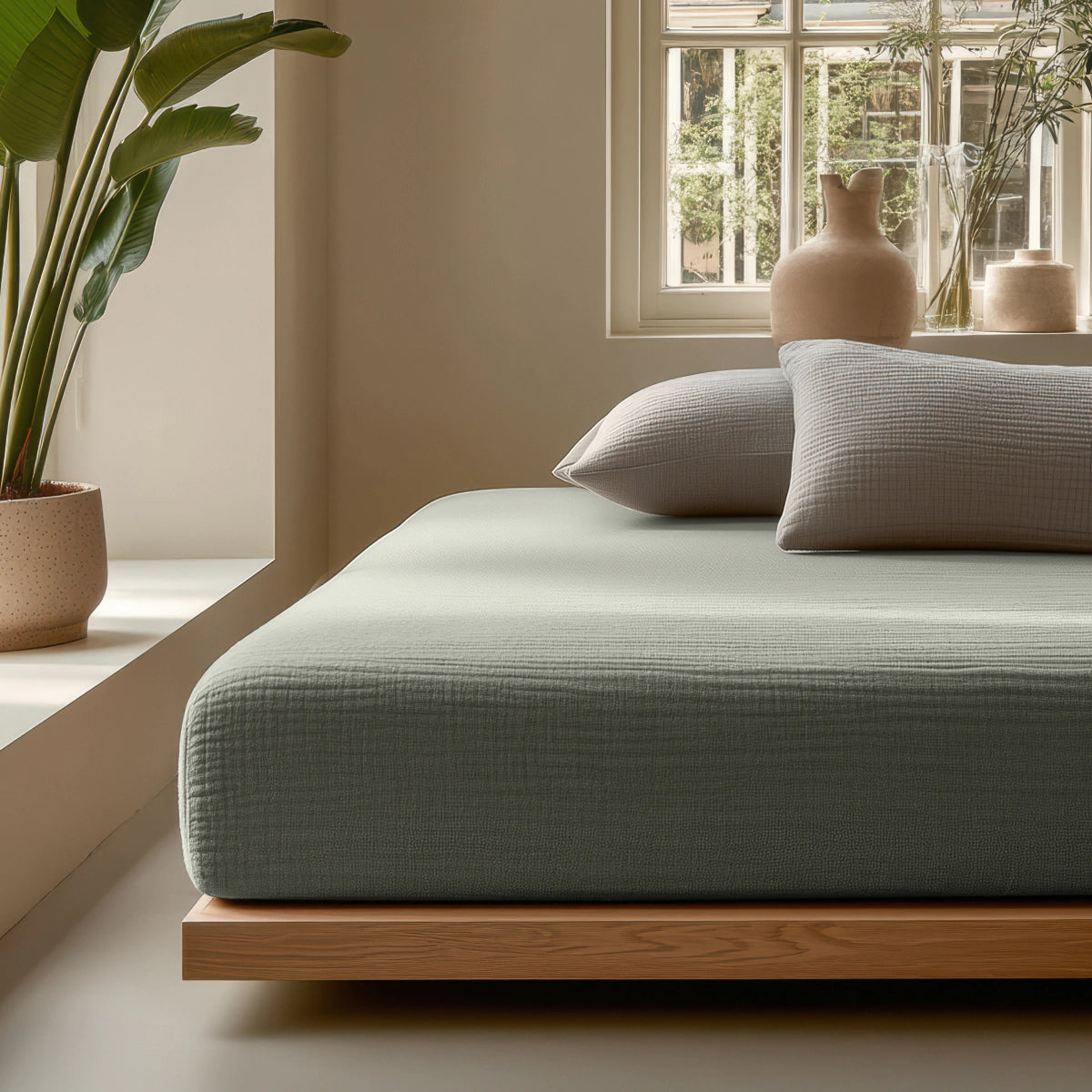Minimalistisches Schlafzimmer mit einem hellen Holzpritschenbett, Musselin Spannbettlaken - Grey-Green, zwei grauen Kissen, Topfpflanzen und neutraler Dekoration in der Nähe eines Fensters, das natürliches Licht hereinlässt.
