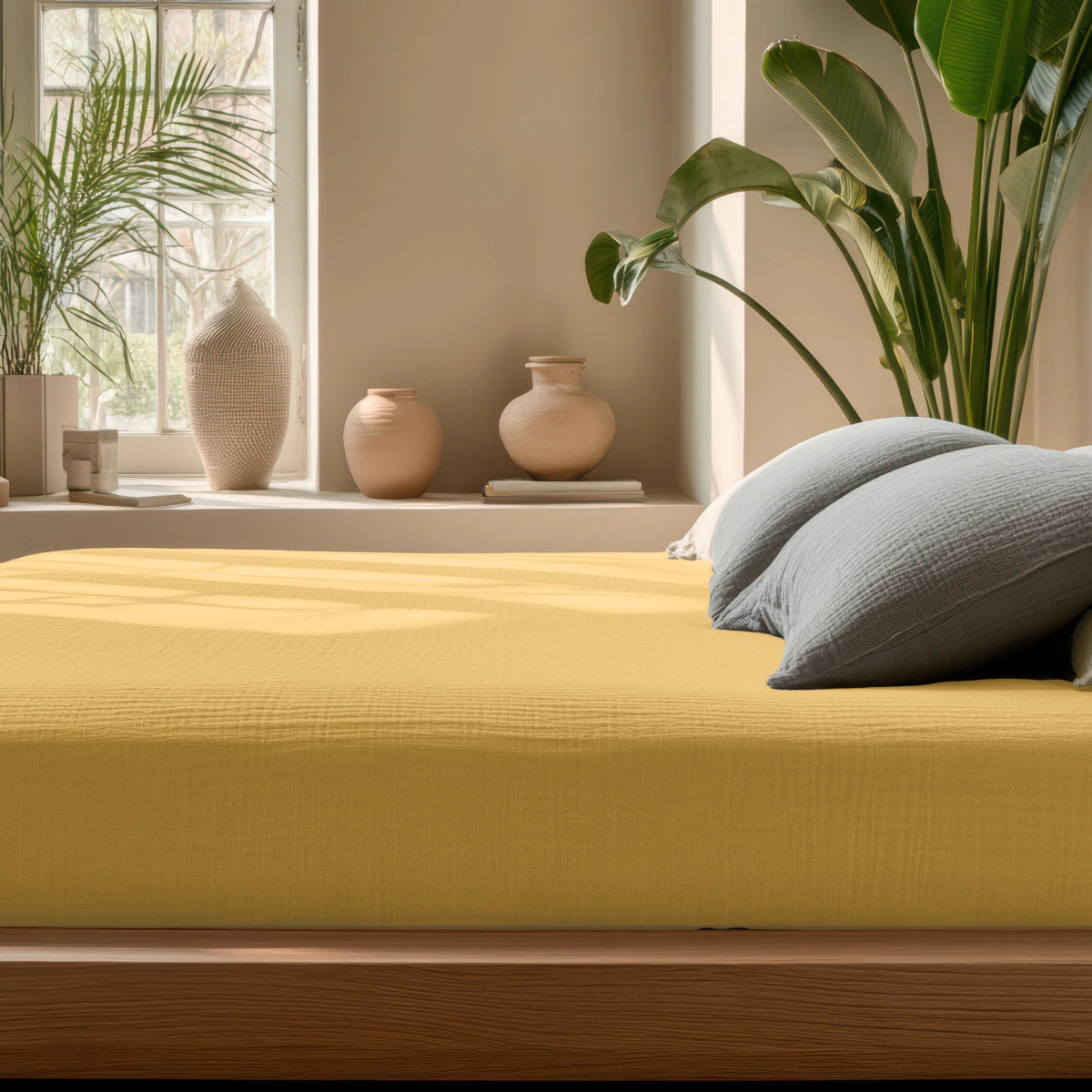 Ein ordentlich gemachtes Bett mit einer gelben Decke und grauen Kissen steht mit den weichen Musselin Spannbettlaken - Ocker-Gelb neben einem Fenster, umgeben von Grünpflanzen und Keramikvasen auf der Fensterbank.