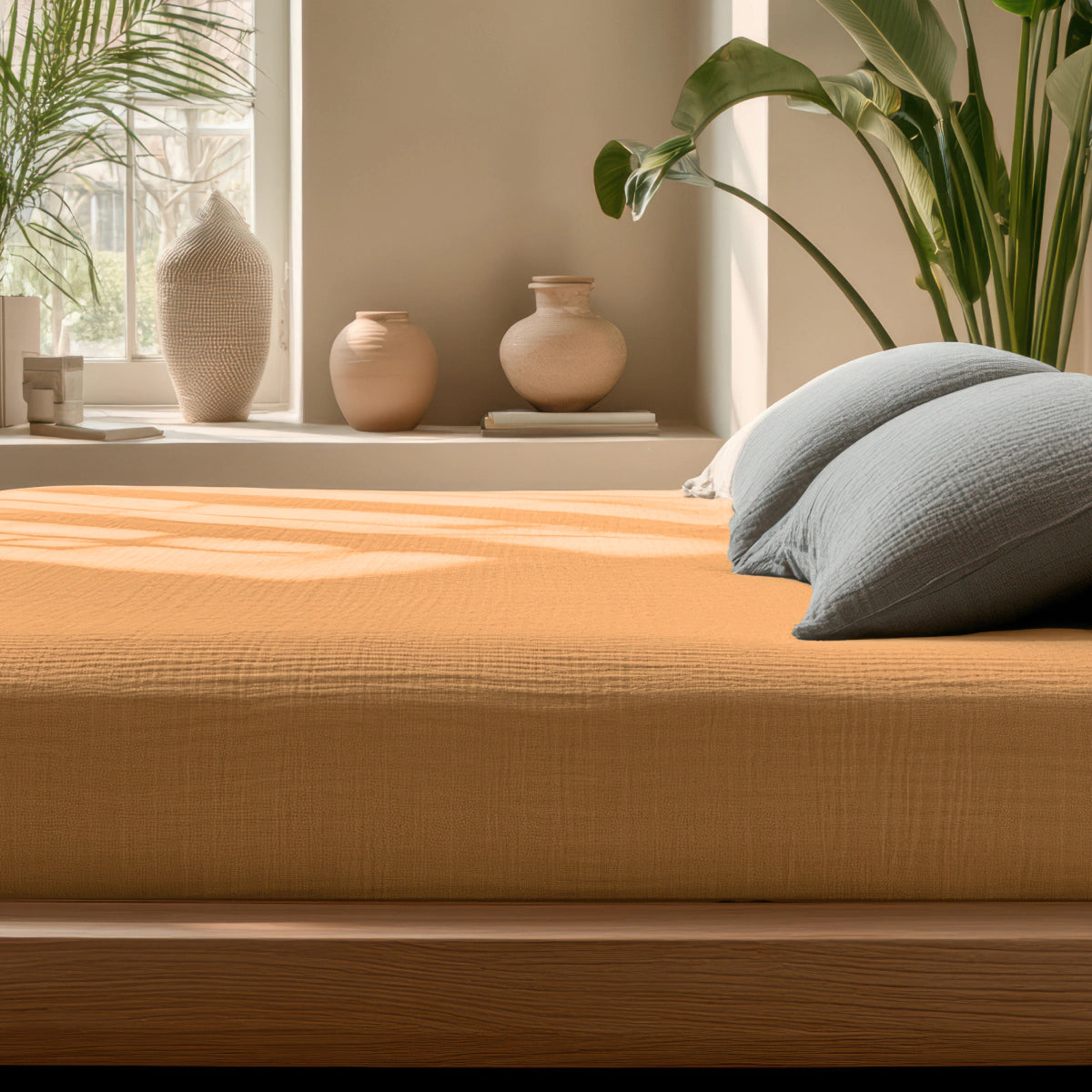 Ein ordentlich gemachtes Bett mit einem taupefarbenen Musselin-Spannbettlaken und zwei grauen Kissen steht neben einem Fenster, das mit Topfpflanzen und Keramikvasen auf einem Regal in einem sonnendurchfluteten, minimalistischen Raum geschmückt ist.