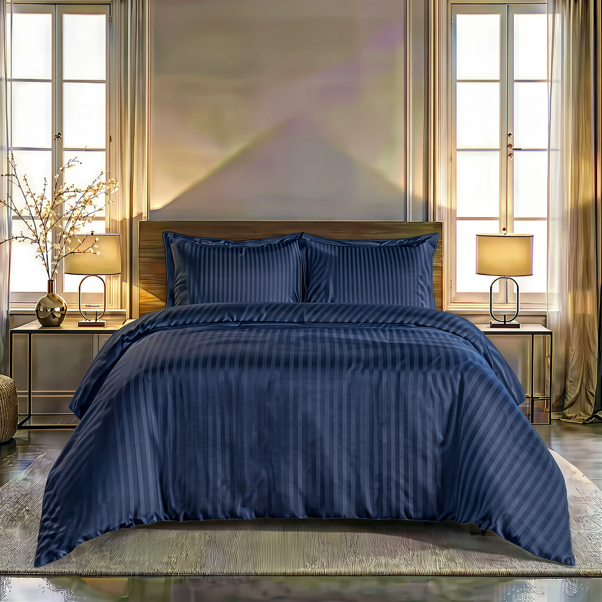 Zelesta Deluxe Hotel Stripe Baumwollsatin Bettdecke - Blau