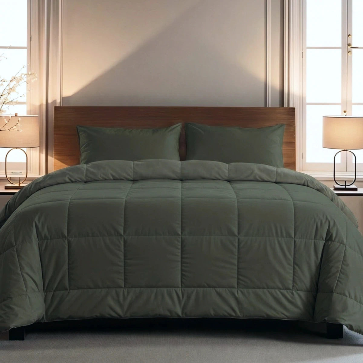 Ein ordentlich gemachtes Bett mit einer Zelesta Pure Uni Bettdecke in Olivschwarz und passenden Kissen, flankiert von Lampen auf Nachttischen, vor einem Kopfteil aus Holz und zwei Fenstern für atmungsaktiven Schlafkomfort.