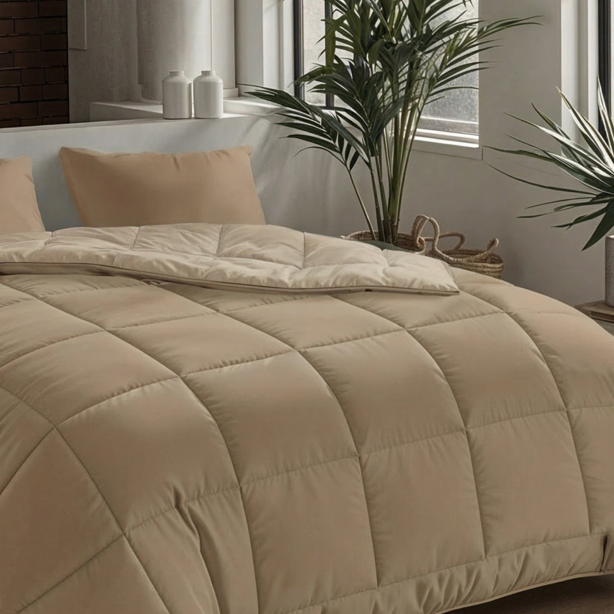 Ein ordentlich gemachtes Bett mit der Zelesta Pure Uni Bettdecke in Kakao Braun und Kissen steht an einem Fenster, das mit Topfpflanzen und zwei weißen Ziervasen auf der Fensterbank geschmückt ist.