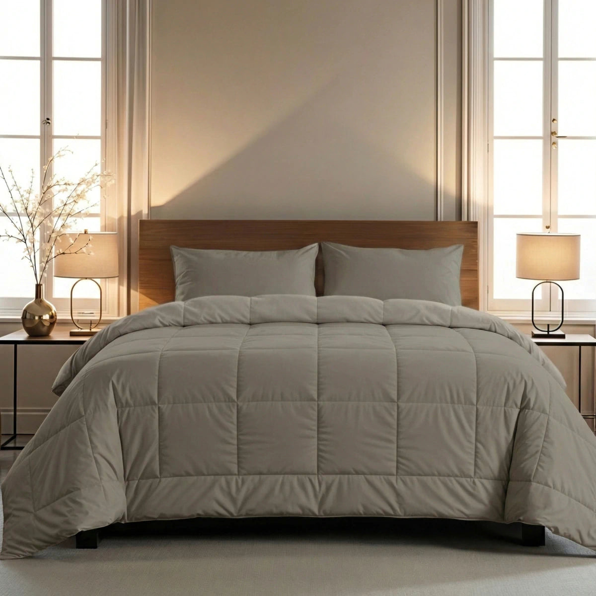 Ein ordentlich gemachtes Bett mit einer Zelesta Pure Uni Bettdecke in Anthrazitgrau und zwei Kissen steht in der Mitte zwischen zwei Fenstern, flankiert von passenden Lampen und Beistelltischen.