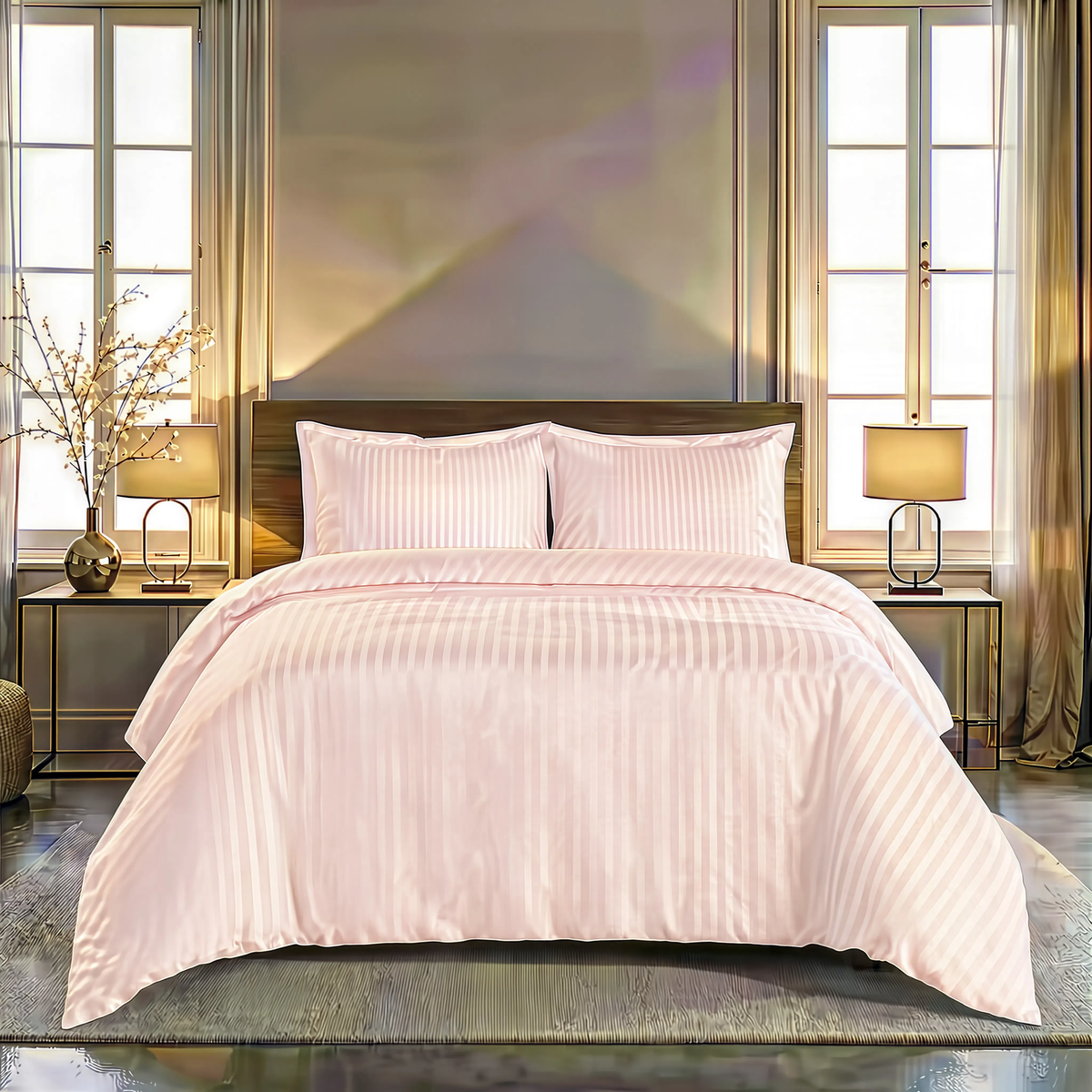 Zelesta Deluxe Hotel Stripe Baumwollsatin Bettdecke - Rosa