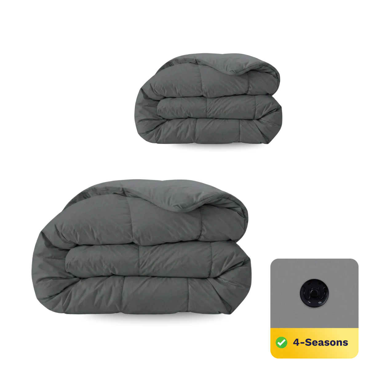 Zwei Zelesta Wonderbed 4 Seasons Double Bettdecken in Stone Grey sind gefaltet und gestapelt; ein Einsatz zeigt den Stoff in Nahaufnahme, ein 4-Seasons-Etikett mit Häkchen und das innovative Edelstahl-Klicksystem zur einfachen Befestigung.