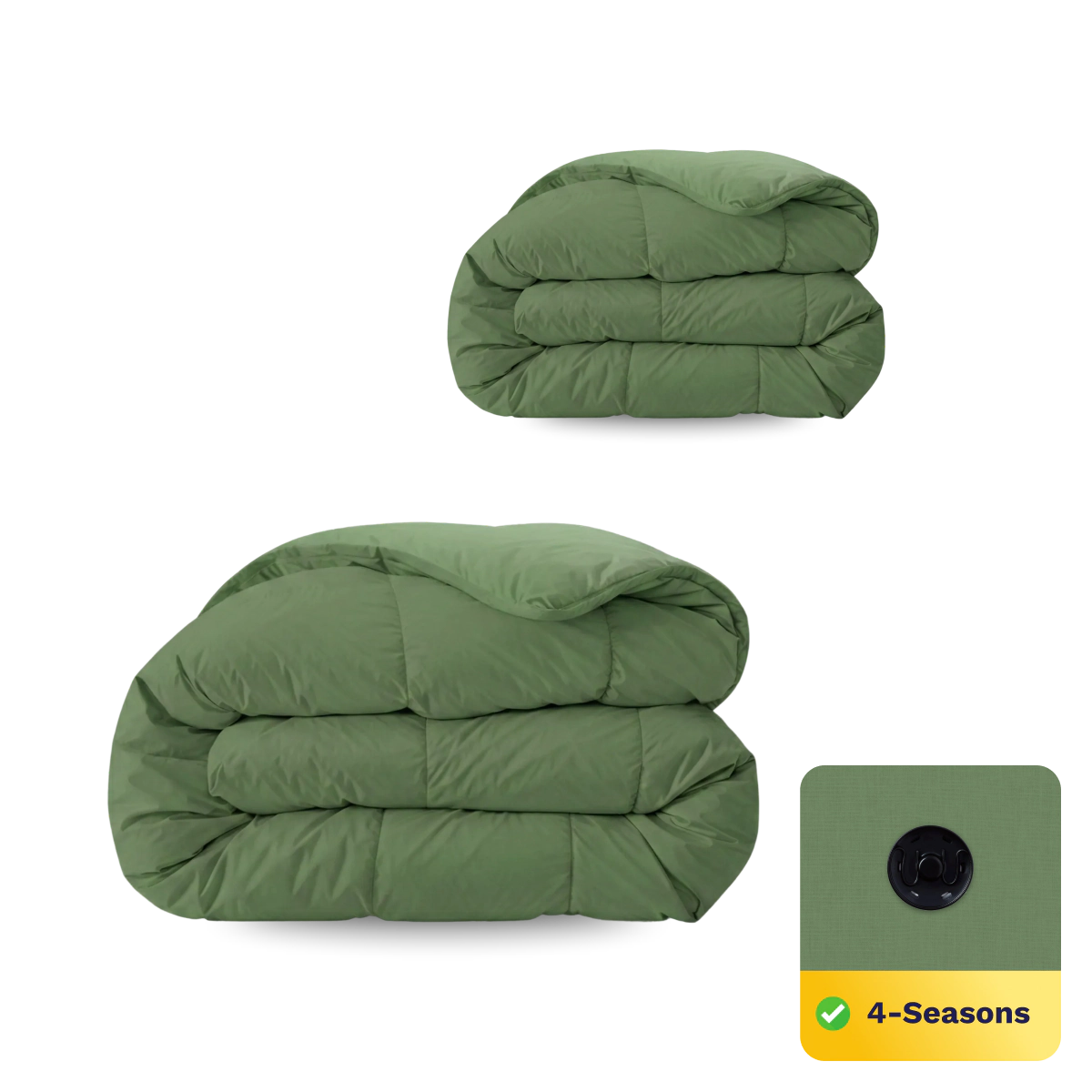 Zwei Timeless Green Zelesta Wonderbed 4 Seasons Double Bettdecken sind ordentlich gefaltet, mit einem schwarzen Ventil und einem gelben Ecketikett mit der Aufschrift "4-Seasons" und einem Häkchen, das die vielseitige Qualität von Zelesta Wonderbed unterstreicht.