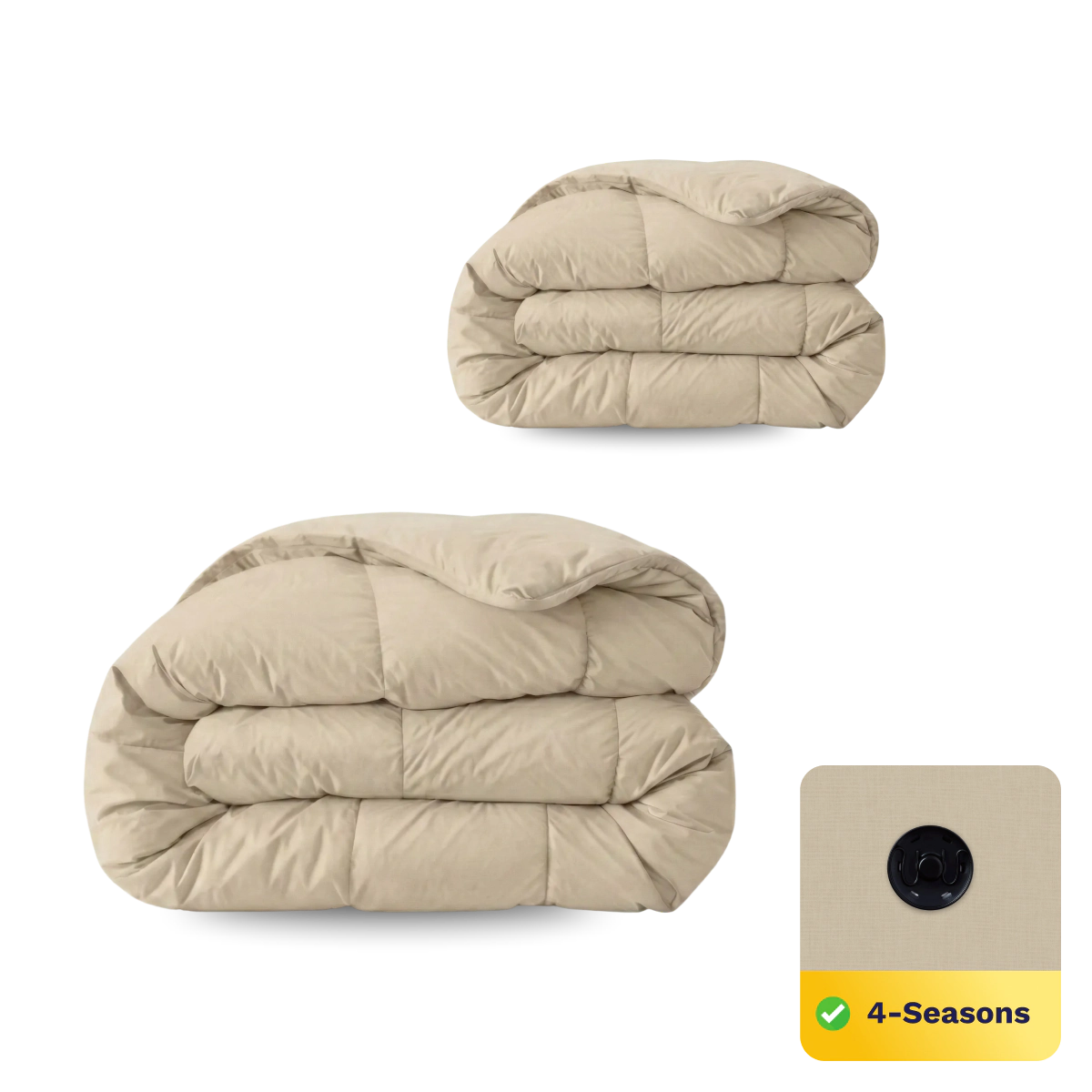 Zwei beigefarbene Bettdecken, eine gefaltet und eine ausgebreitet, sind mit einer Nahaufnahme des Stoffs und einem 4-Seasons-Etikett abgebildet, das das Zelesta Wonderbed 4 Seasons Double - Warm Sand für vielseitigen Komfort das ganze Jahr über hervorhebt.