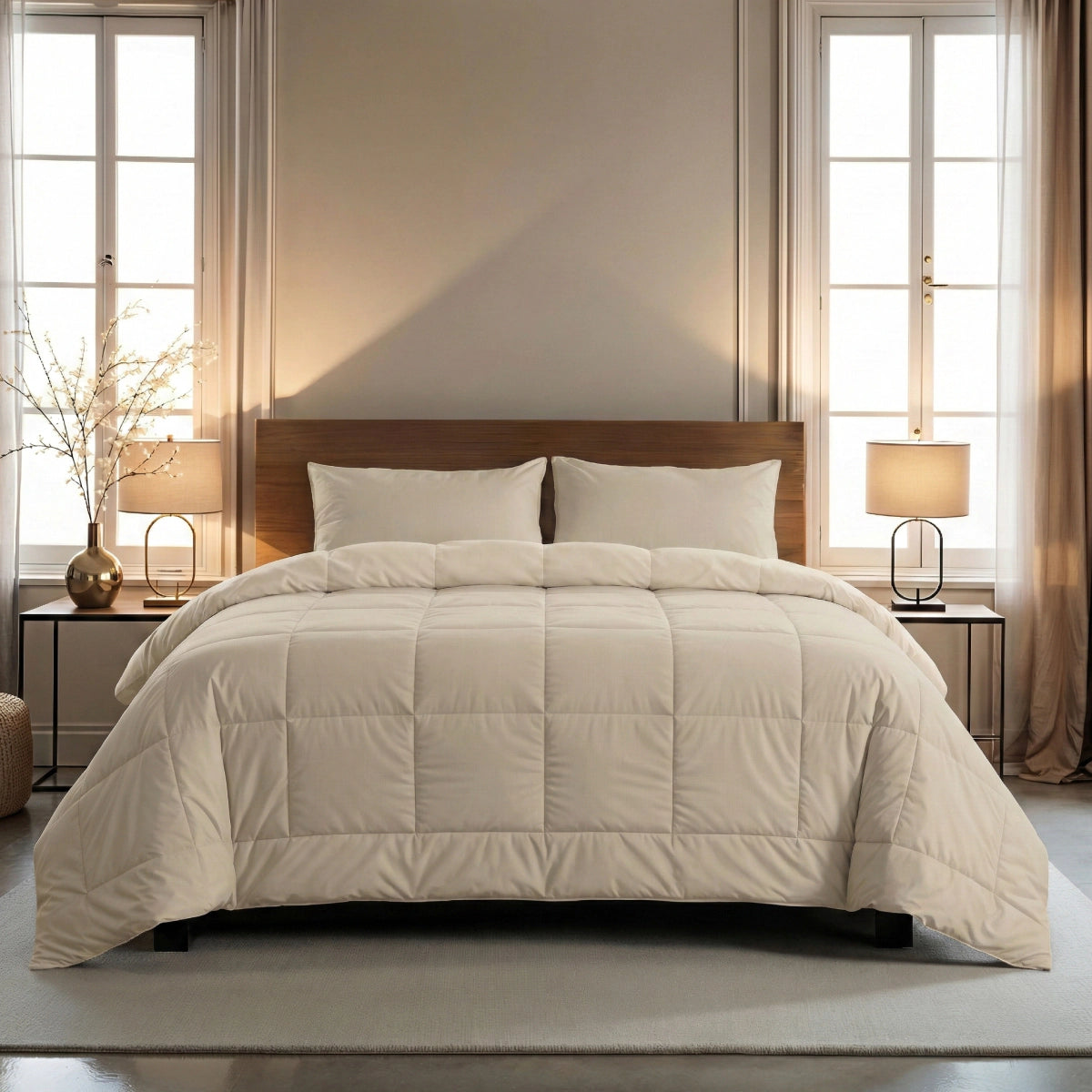 Ein ordentlich gemachtes Bett mit der Zelesta Wonderbed 4 Seasons Double Baumwolle - Desert Sand Bettdecke und zwei Kissen, neben Nachttischen mit Lampen, in einem Raum mit hohen Fenstern und neutralem Dekor.