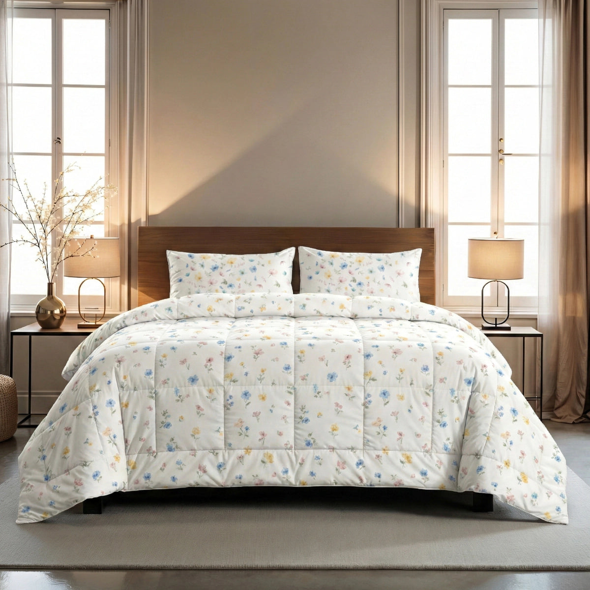 Ein hübsch gemachtes Bett mit dem Zelesta Wonderbed 4 Seasons Double - Spring Bloom und passenden Kissen, in der Mitte zwischen zwei Fenstern und Nachttischen mit Lampen in einem sanft beleuchteten Schlafzimmer.
